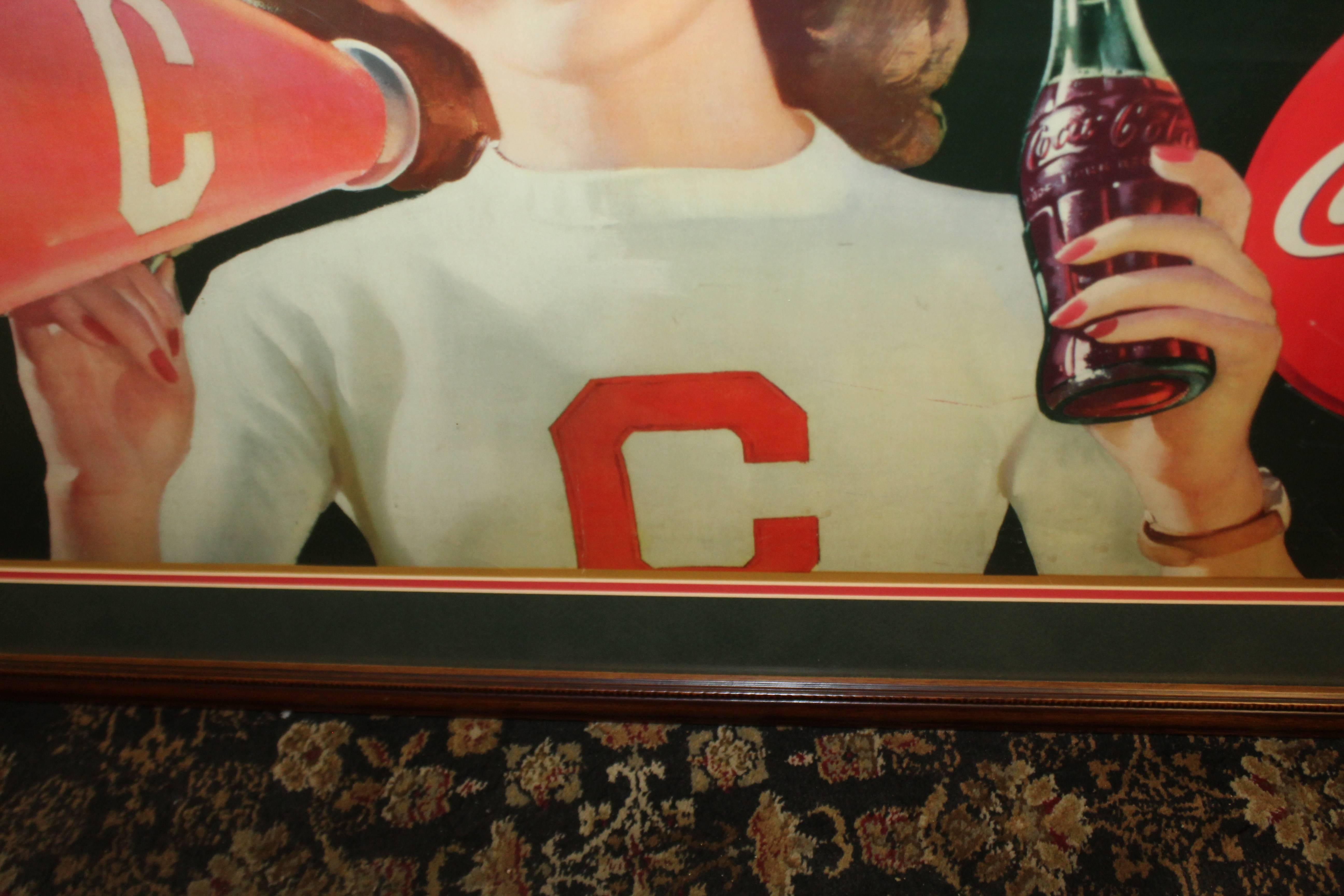 1946 Coca Cola Cardboard Poster Litho Display Cheerleader Sign Framed In Good Condition For Sale In Orange, CA