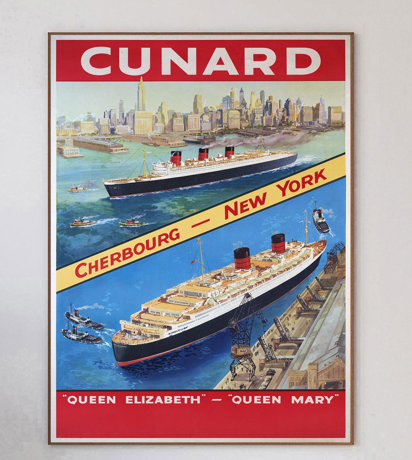Superbe affiche créée en 1946 pour promouvoir la compagnie Cunard et ses croisières 