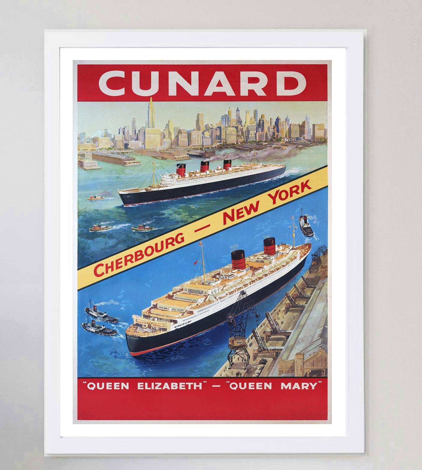1946 Cunard - Queen Elizabeth - Queen Mary Original Vintage Poster In Good Condition For Sale In Winchester, GB