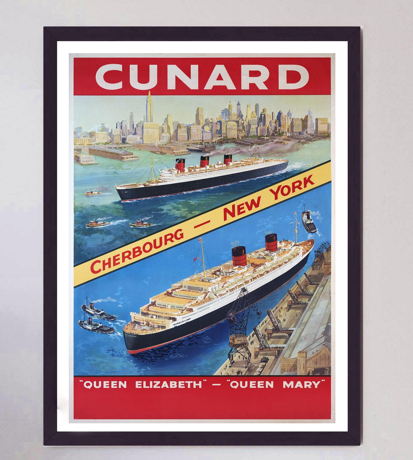 Milieu du XXe siècle Affiche vintage d'origine Queen Elizabeth - Queen Mary Cunard, 1946 en vente