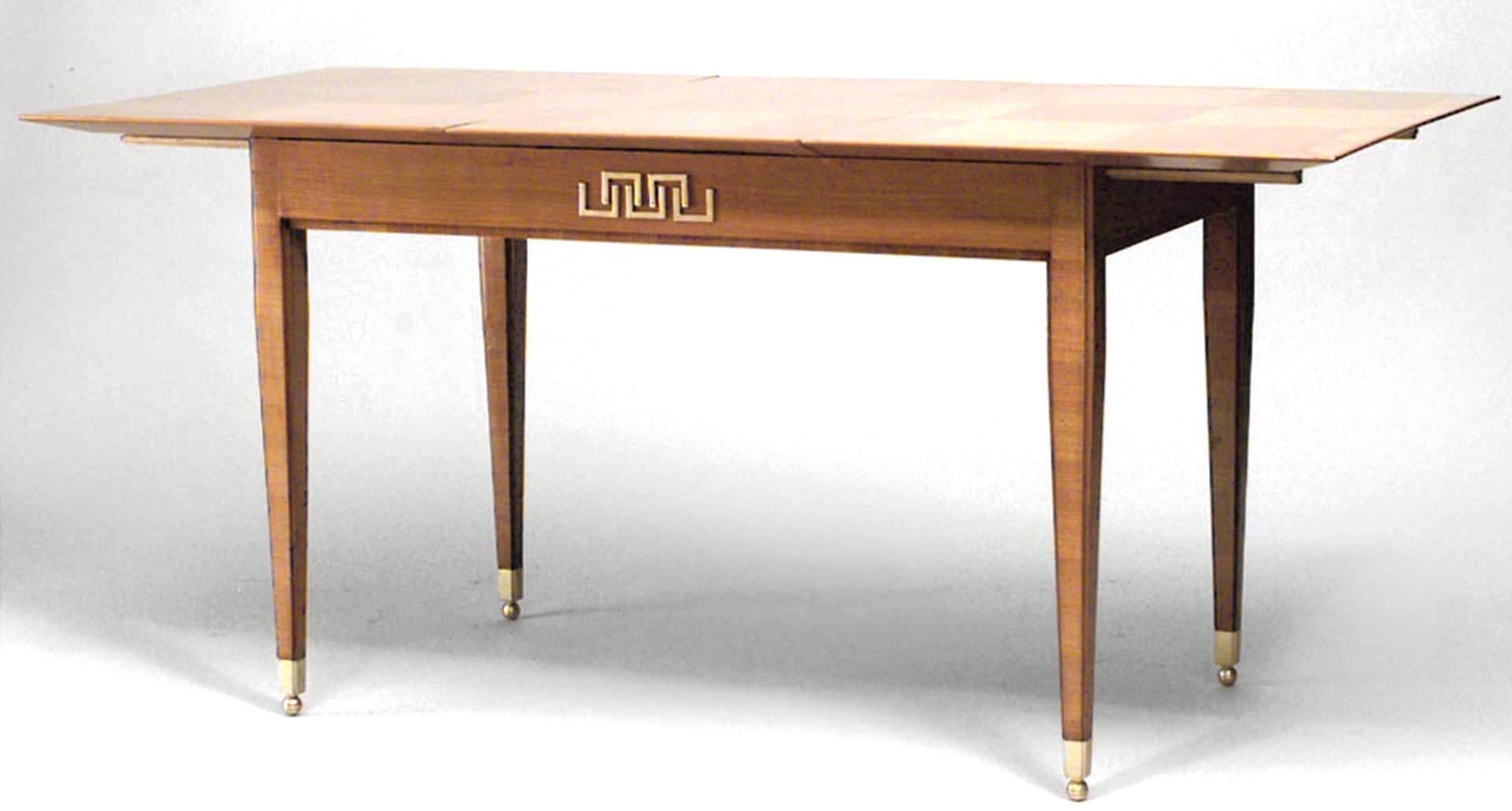 French mid-century (1940s) ormolu mounted, fruitwood, maple & parquetry extending dining table. (1 leaf - 17.5 inches) (By LUCIEN ROLLIN, branded 