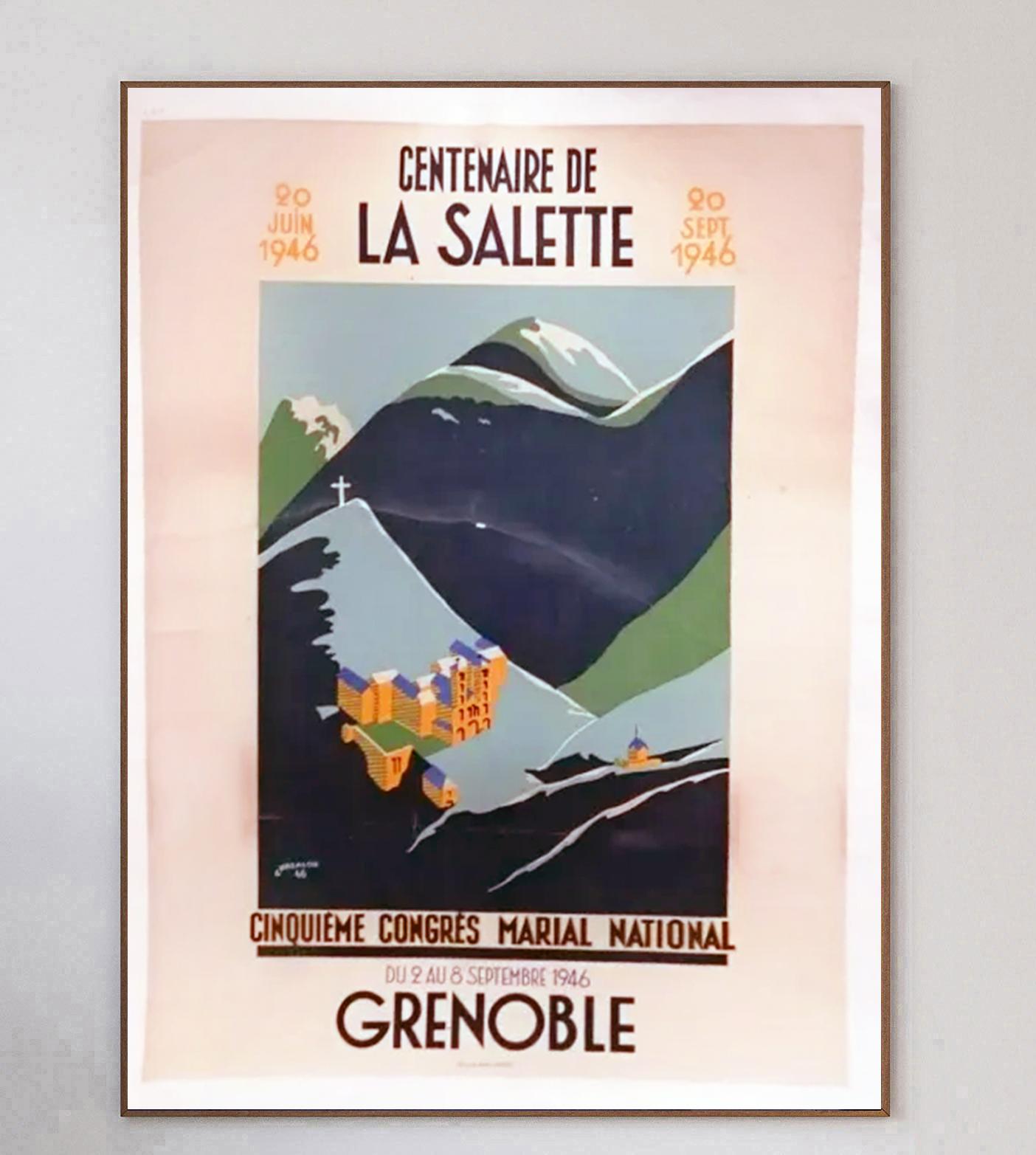 Stunning poster from 1946 creating in celebration of the Centenaire de La Salette or Centennary of Our Lady of La Salette in Grenoble. The Marian apparition was reported by two young children in 1846. 

The beautiful city of Grenoble sits in the