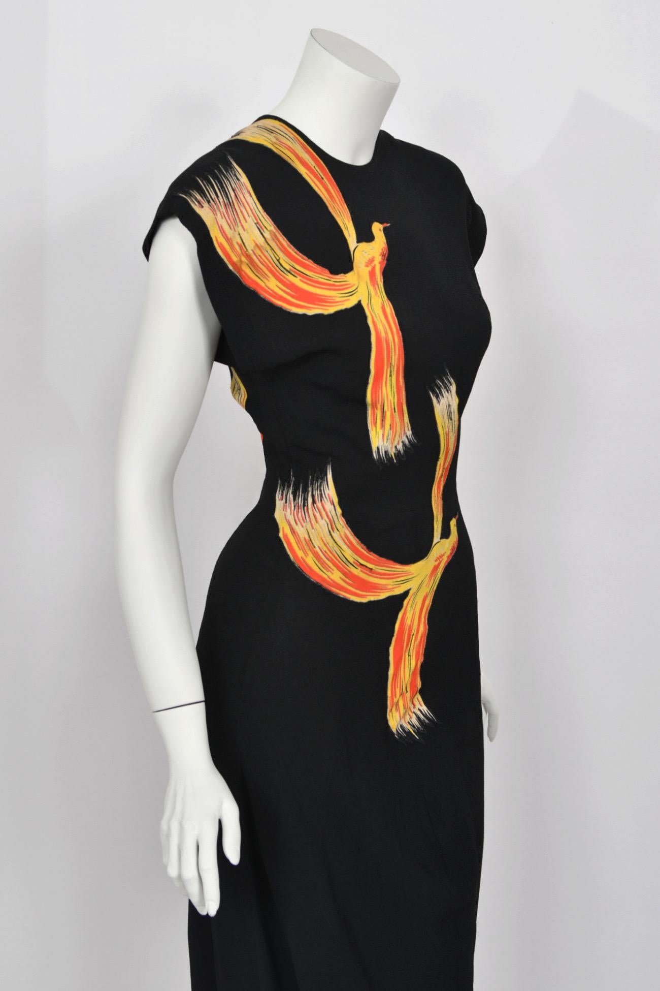 1946 Jourdelle of Hollywood Documented Novelty Firebirds Black Crepe Draped Gown 8