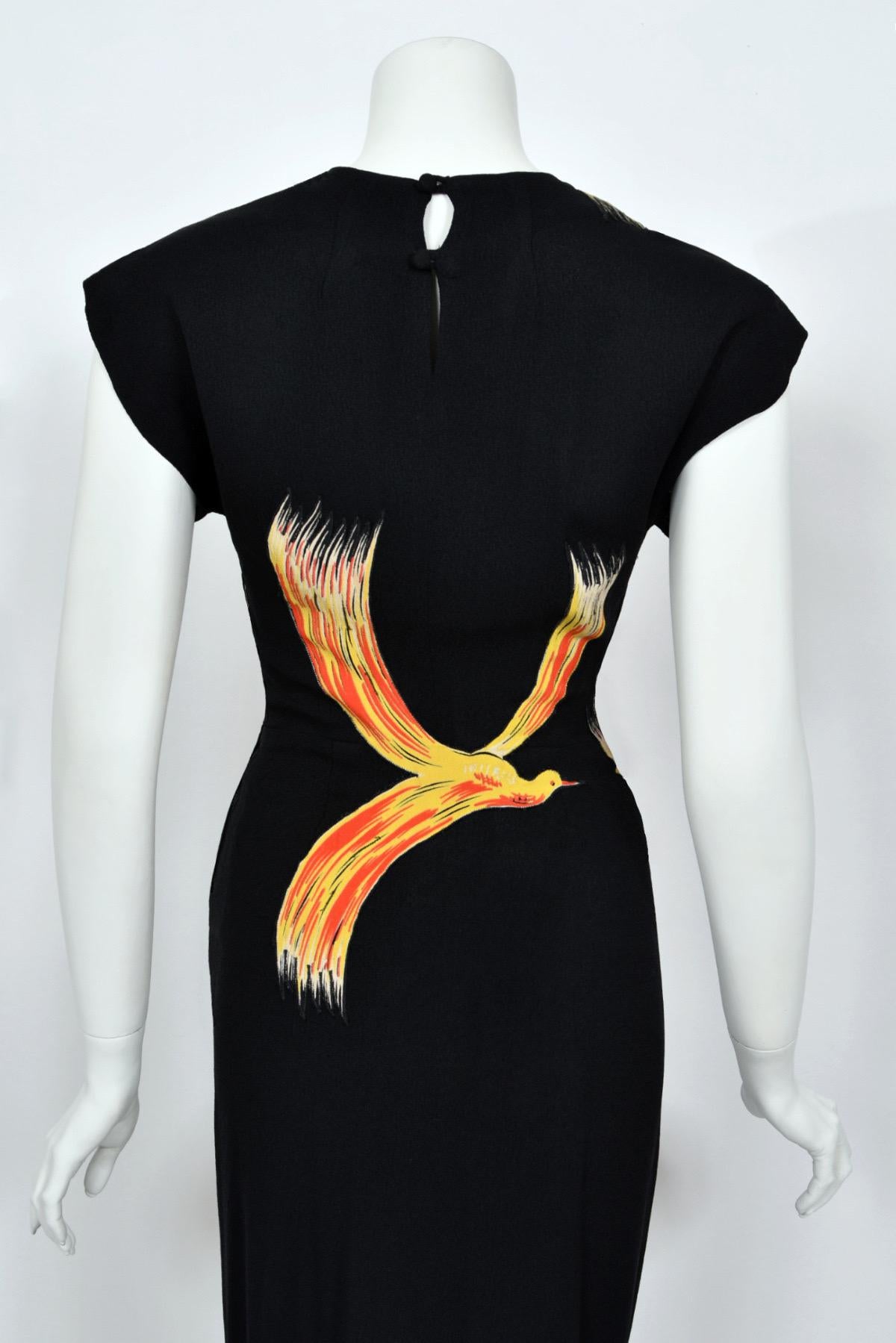1946 Jourdelle of Hollywood Documented Novelty Firebirds Black Crepe Draped Gown 10
