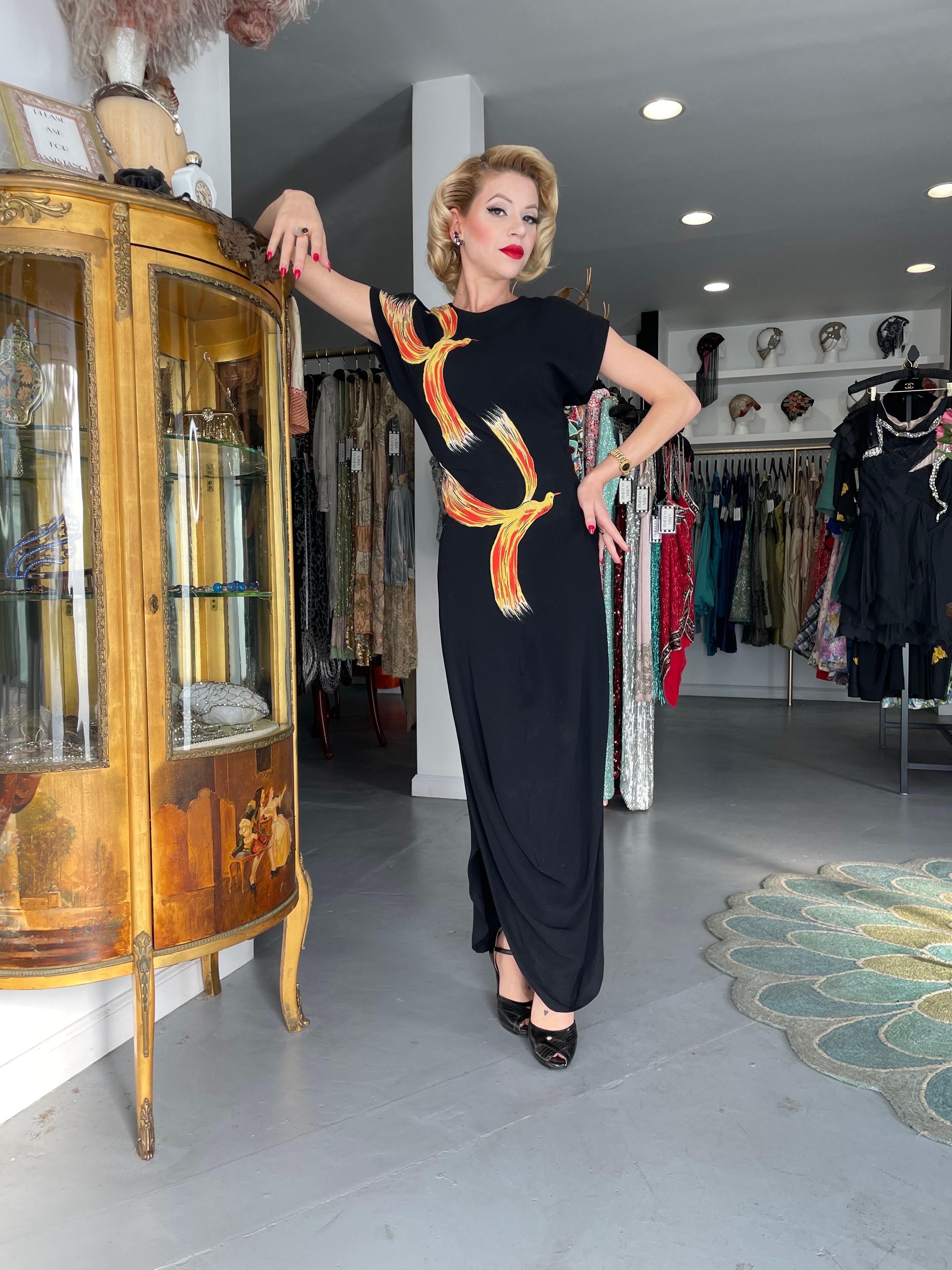 1946 Jourdelle of Hollywood Documented Novelty Firebirds Black Crepe Draped Gown 11