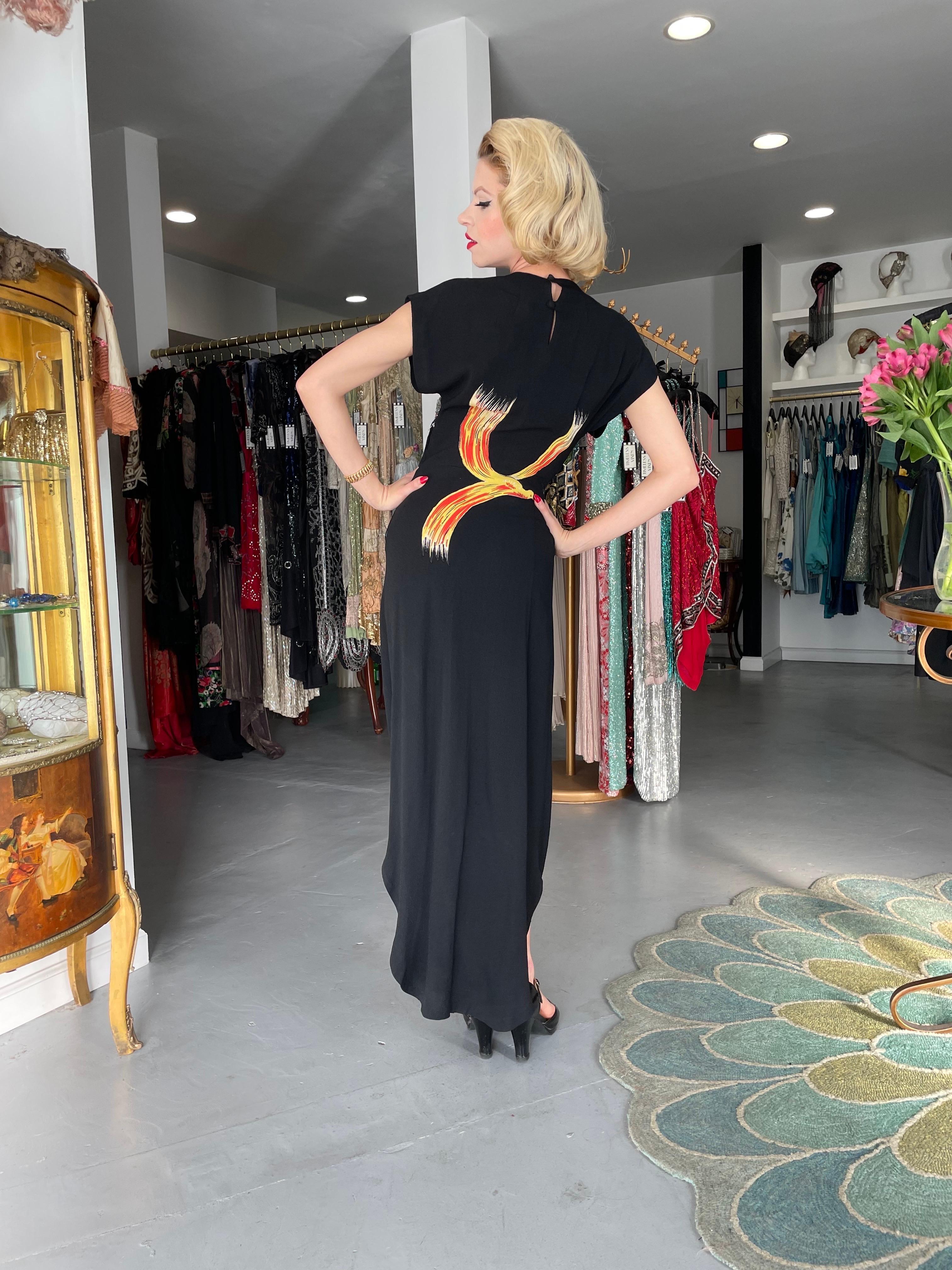 1946 Jourdelle of Hollywood Documented Novelty Firebirds Black Crepe Draped Gown 12