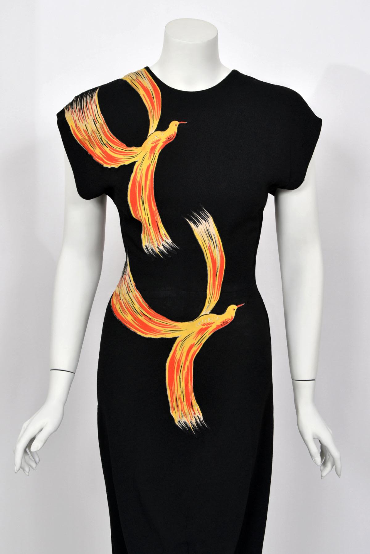 1946 Jourdelle of Hollywood Documented Novelty Firebirds Black Crepe Draped Gown 1