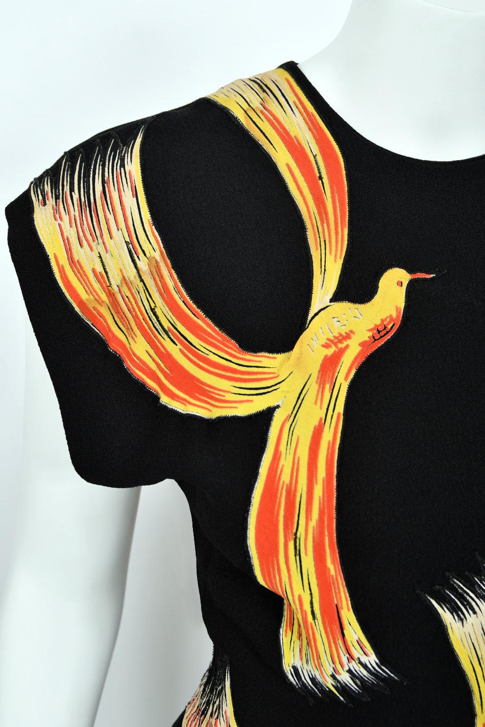 1946 Jourdelle of Hollywood Documented Novelty Firebirds Black Crepe Draped Gown 2