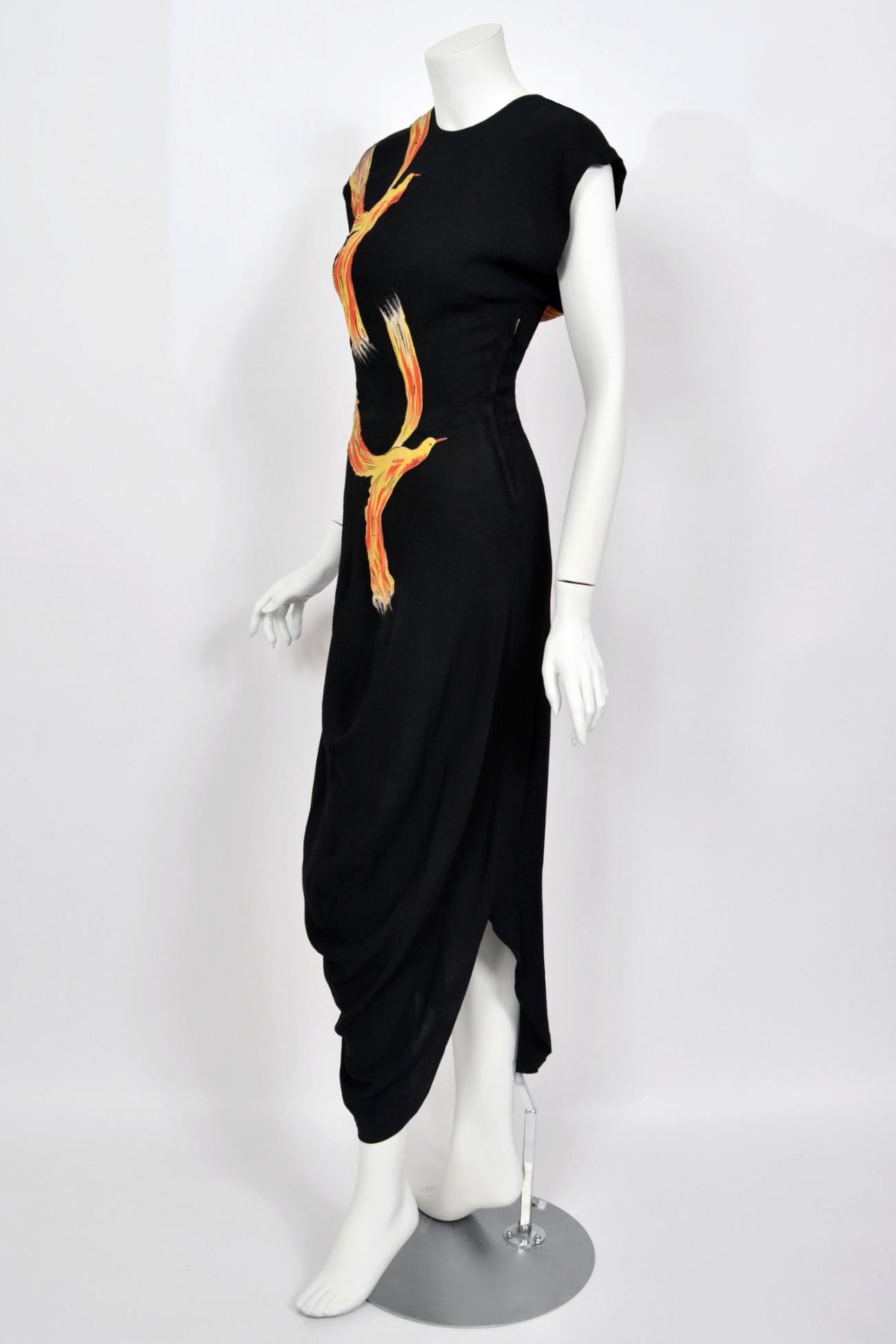 1946 Jourdelle of Hollywood Documented Novelty Firebirds Black Crepe Draped Gown 3
