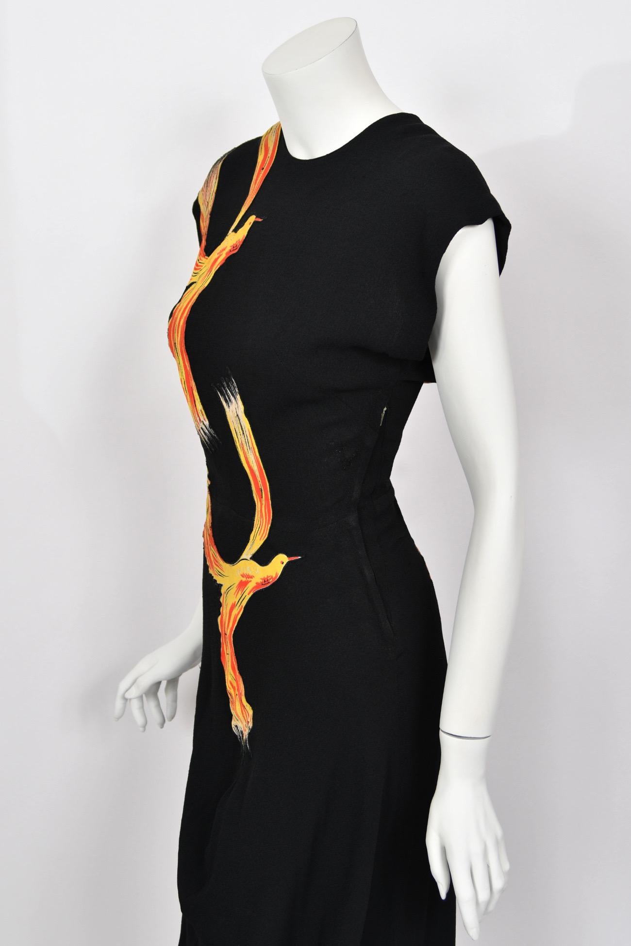 1946 Jourdelle of Hollywood Documented Novelty Firebirds Black Crepe Draped Gown 4