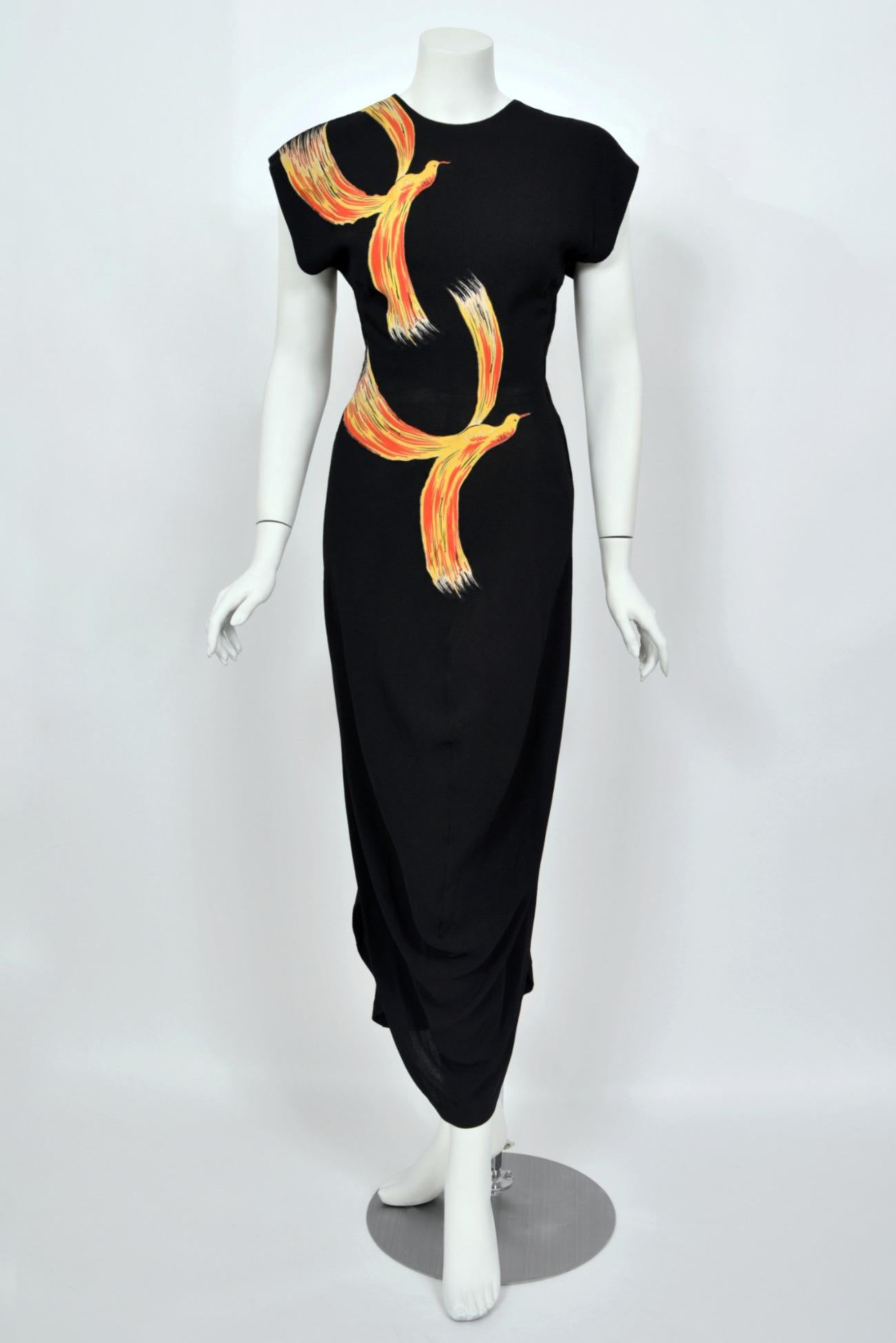 1946 Jourdelle of Hollywood Documented Novelty Firebirds Black Crepe Draped Gown 5