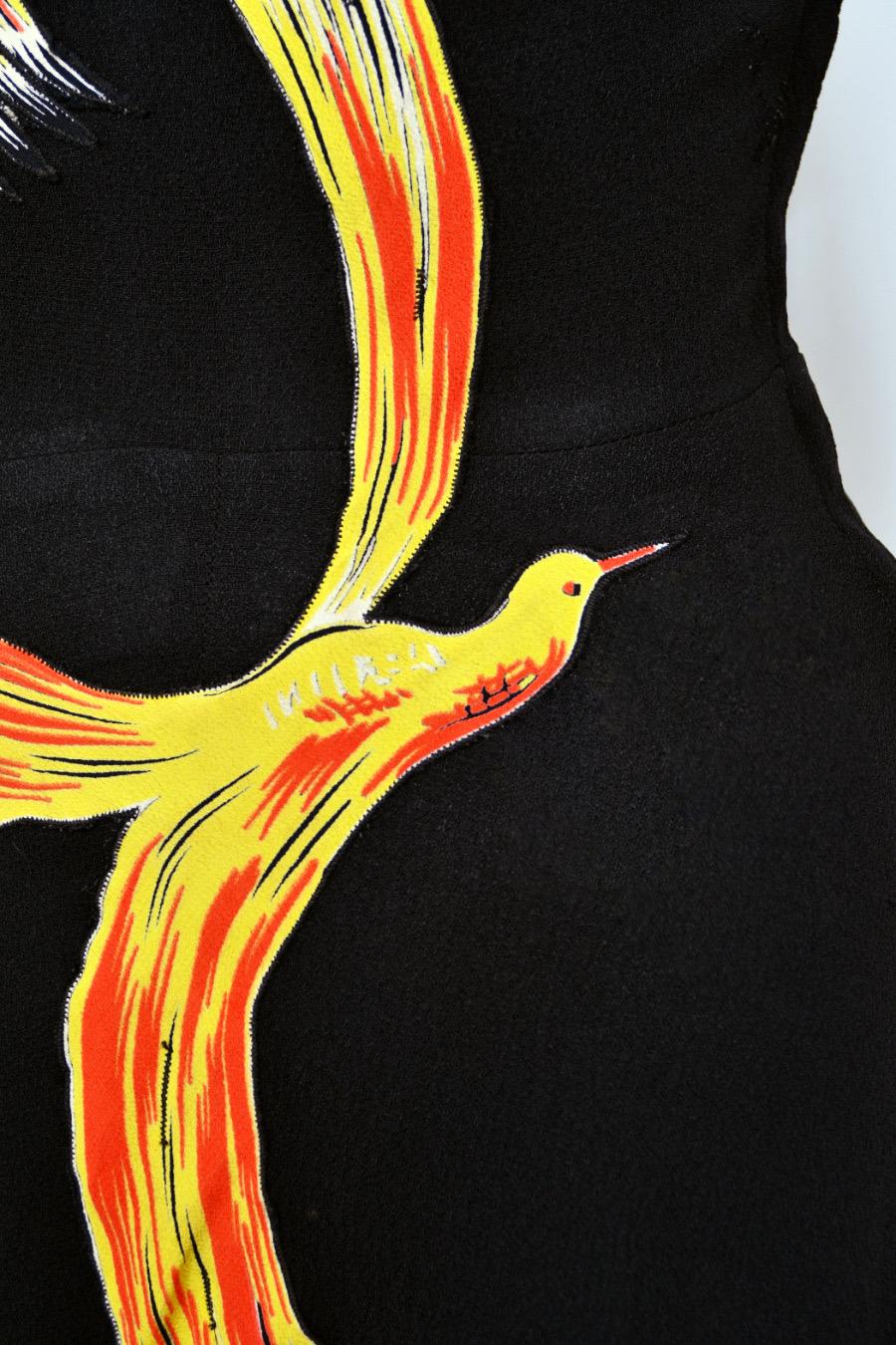 1946 Jourdelle of Hollywood Documented Novelty Firebirds Black Crepe Draped Gown 6