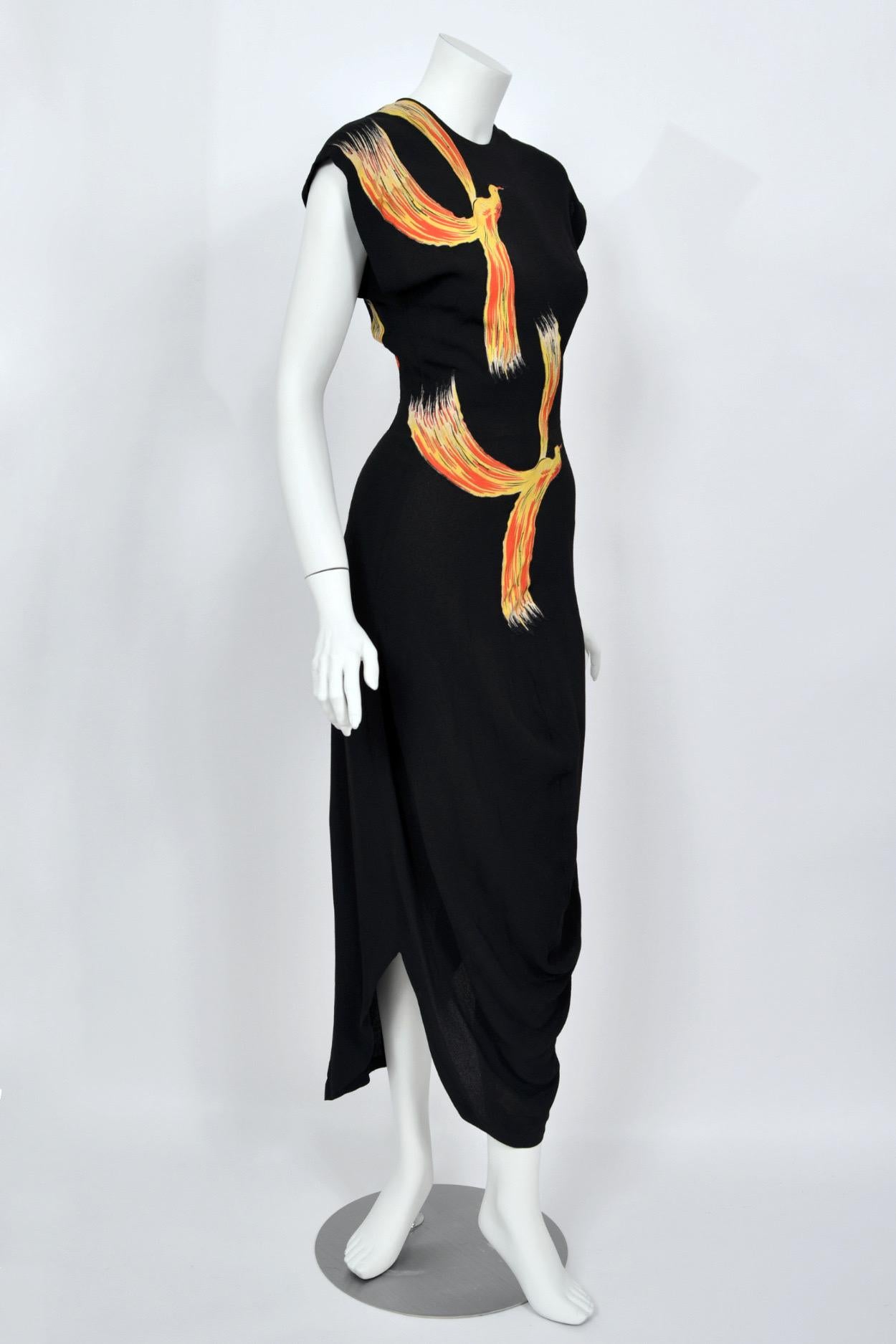 1946 Jourdelle of Hollywood Documented Novelty Firebirds Black Crepe Draped Gown 7