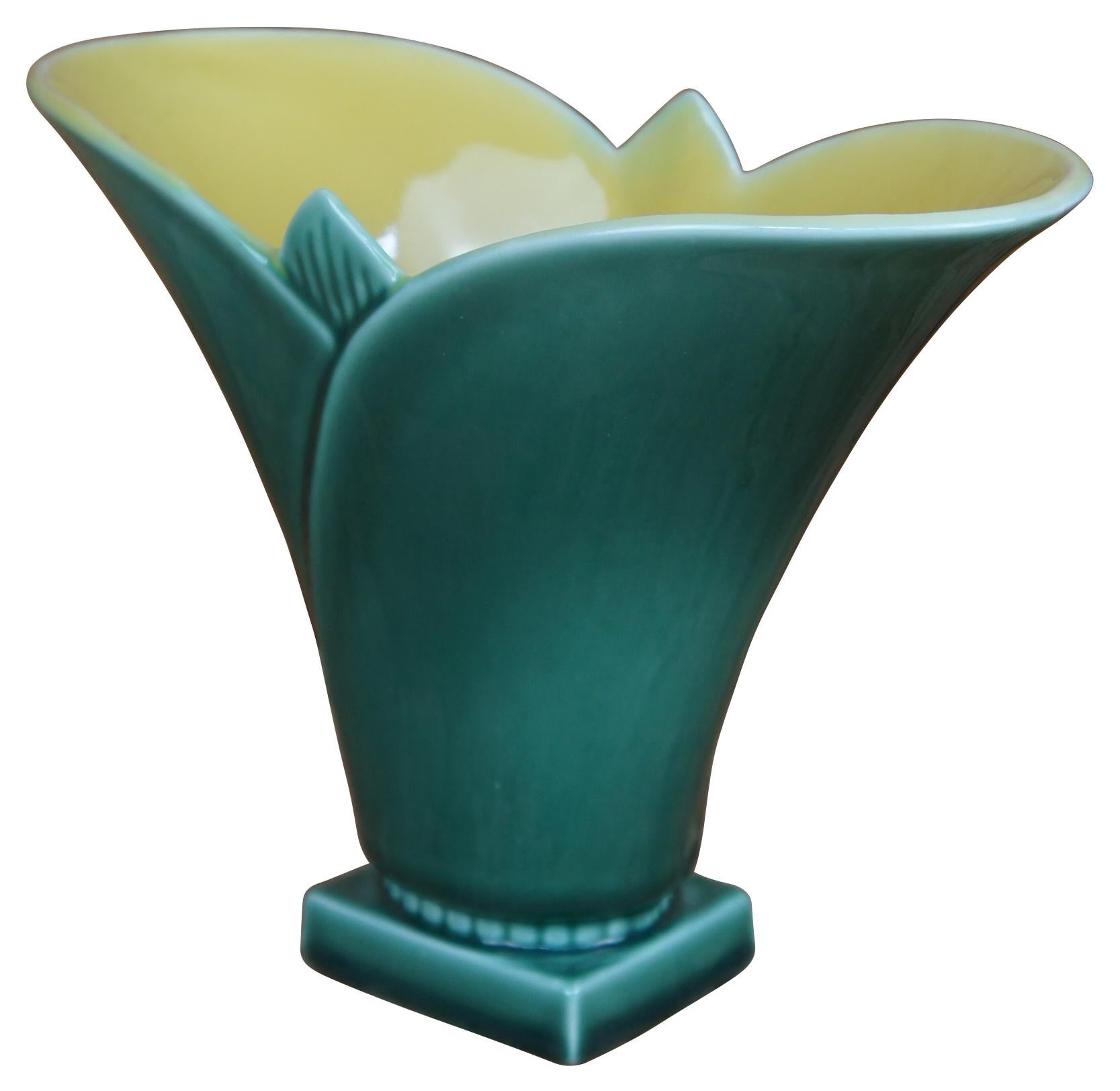 Mid century Rookwood vase with flared fan base, yellow and green glazes with some Art Deco styling, marked on base 6816A, circa 1946. Measure: 11