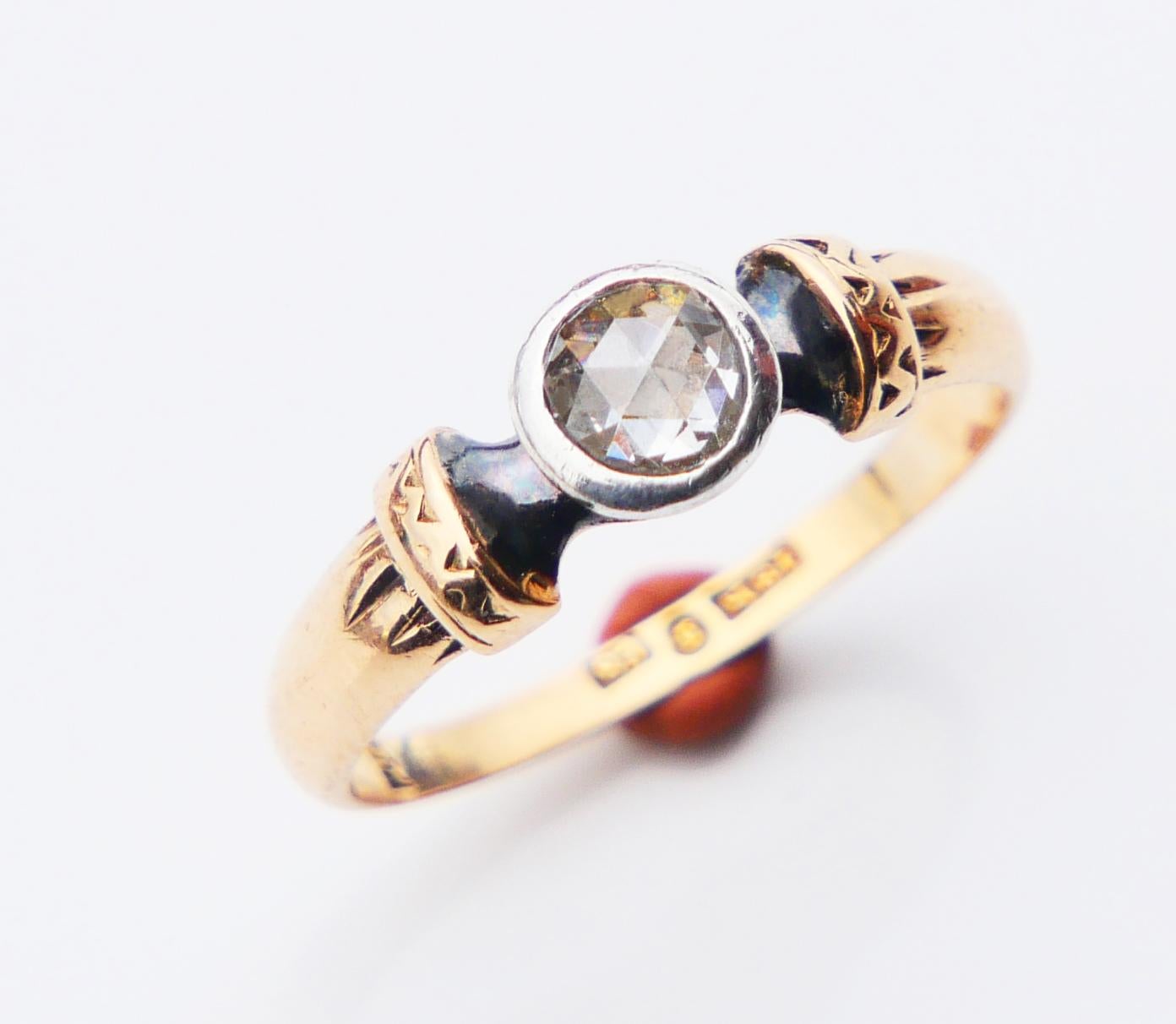 Renaissance-styled ring featuring solid 18K Orange - Yellow Gold band with articulated shoulders. Natural rose cut Diamond in Silver bezel measures Ø 4.5 mm x 1.7 mm deep / about 0.45 ct. Color ca. I, J / SI Stone has the back side open.

Swedish