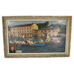 1946 Oil Painting "Joutes Nautiques à Rive de Gier" by Fanget -1Y84