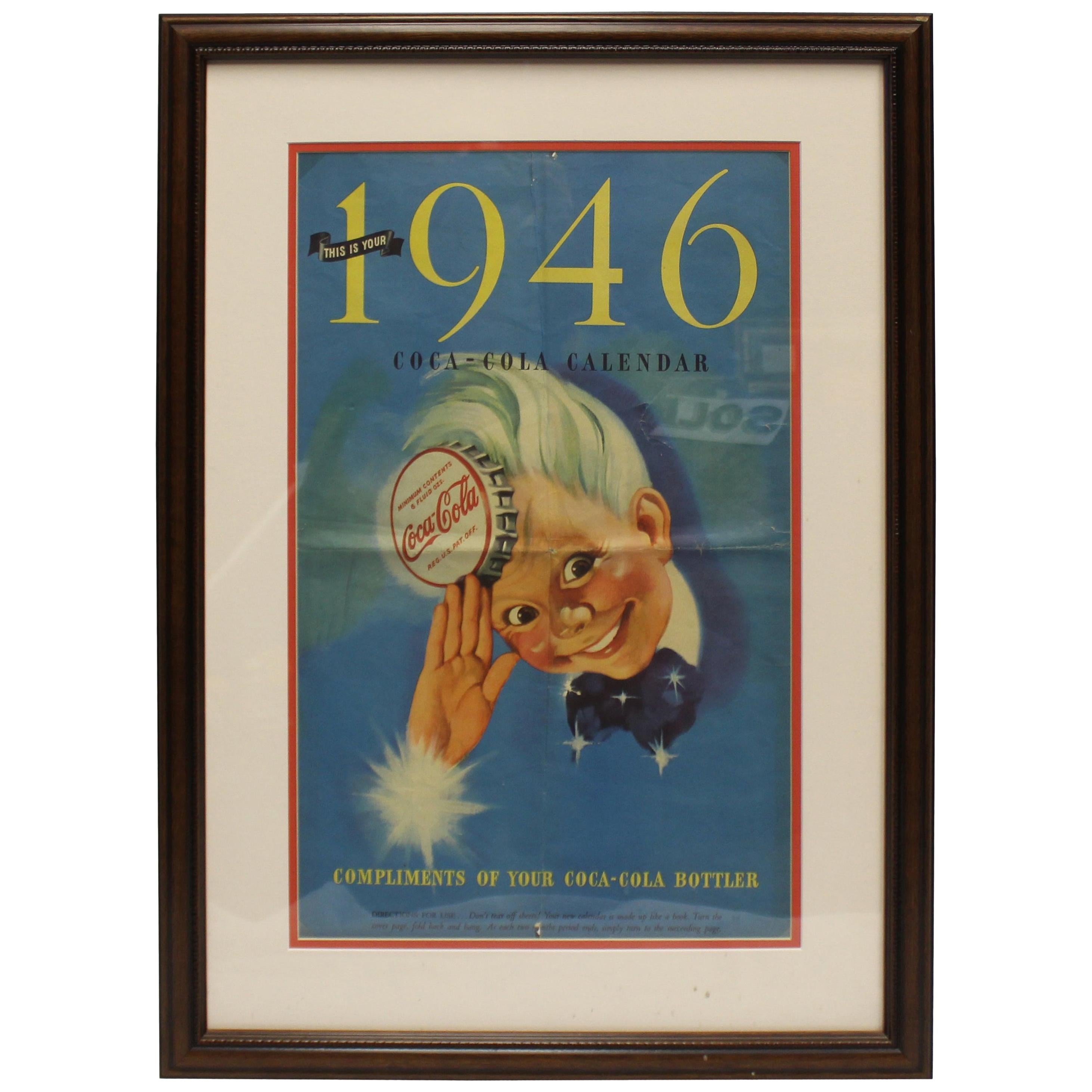 1946 Original Coca Cola Calendar "Sprite Boy" Framed Advertising For Sale