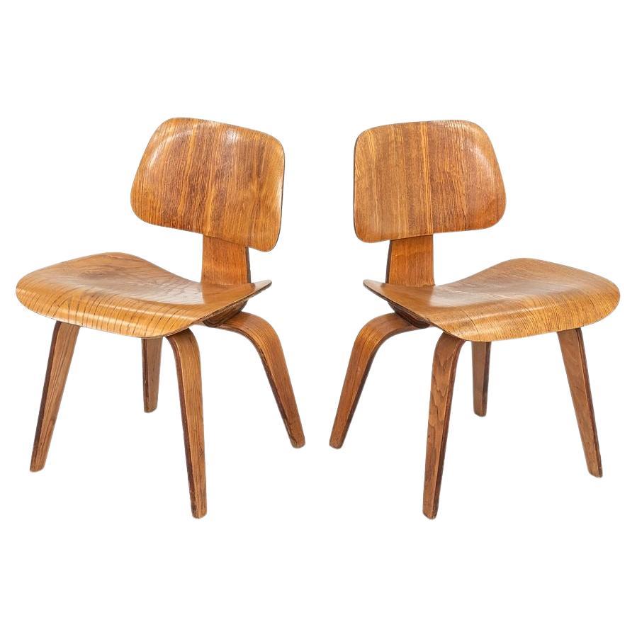1946 Coppia di sedie da pranzo Eames Evans DCW in legno di frassino calico