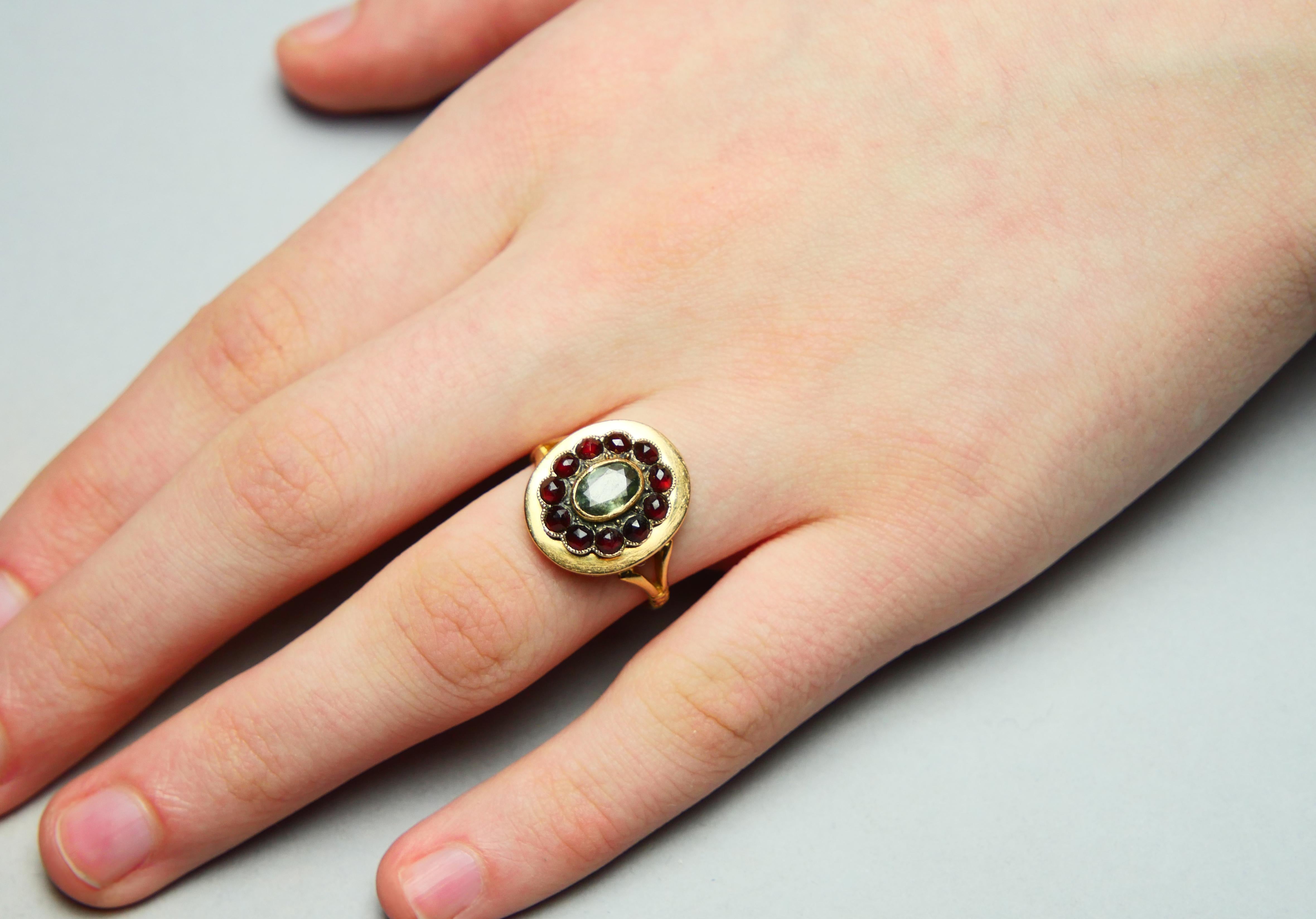1946 Poison Ring natural 1ct Green Sapphire Garnets solid 18K Gold Ø US6.5 / 5gr For Sale 7