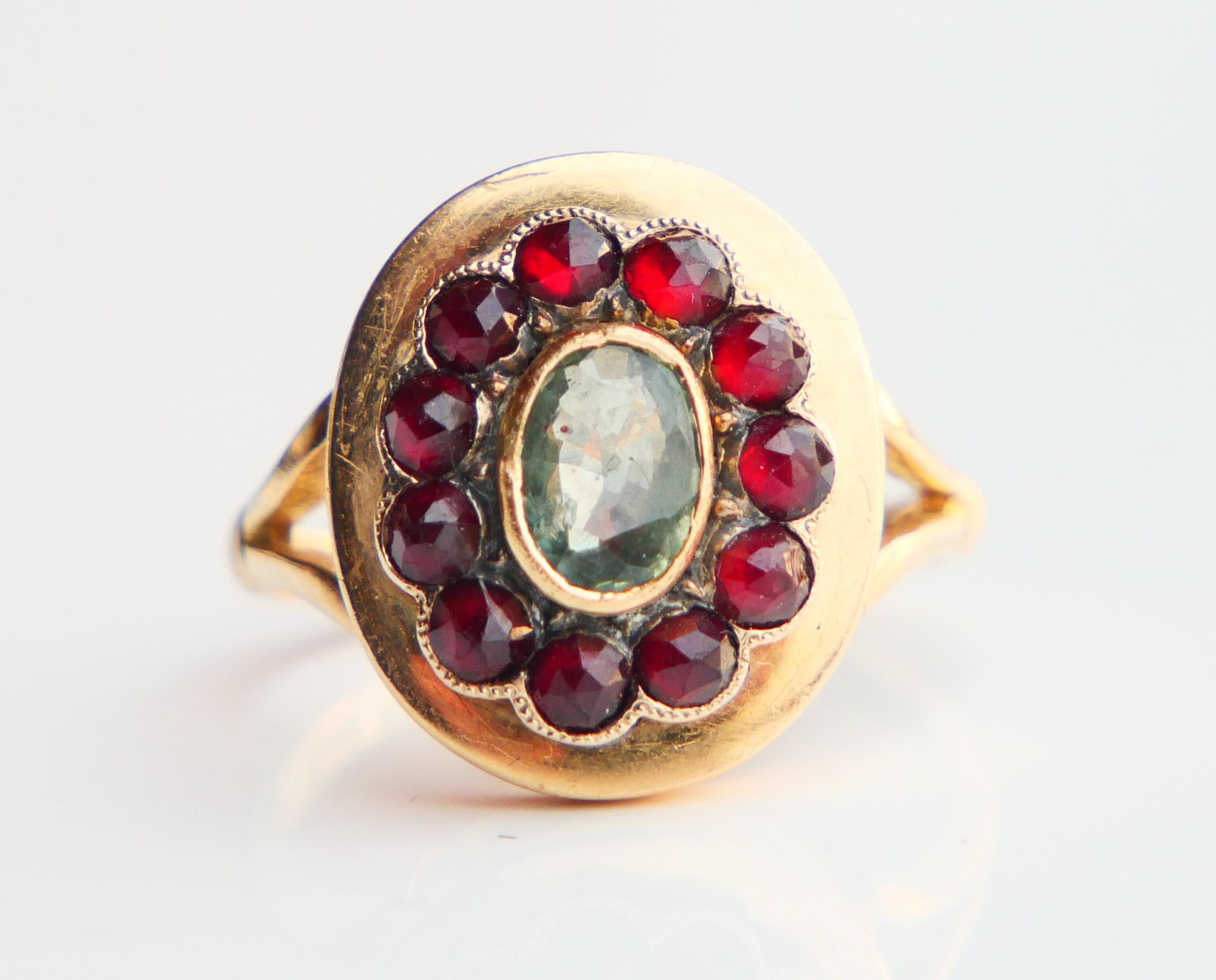 1946 Poison Ring natural 1ct Green Sapphire Garnets solid 18K Gold Ø US6.5 / 5gr For Sale 5