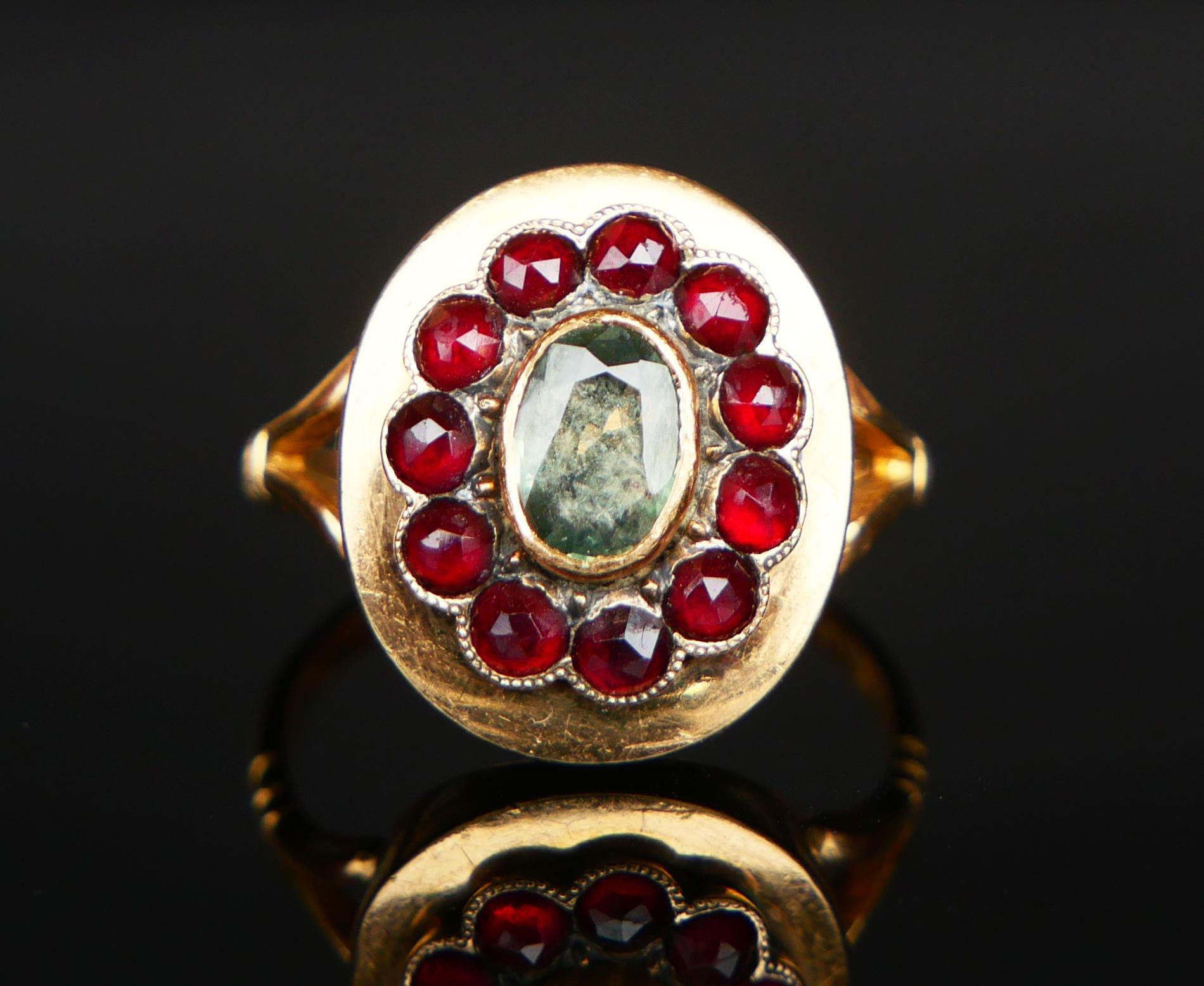 1946 Poison Ring natural 1ct Green Sapphire Garnets solid 18K Gold Ø US6.5 / 5gr For Sale 11