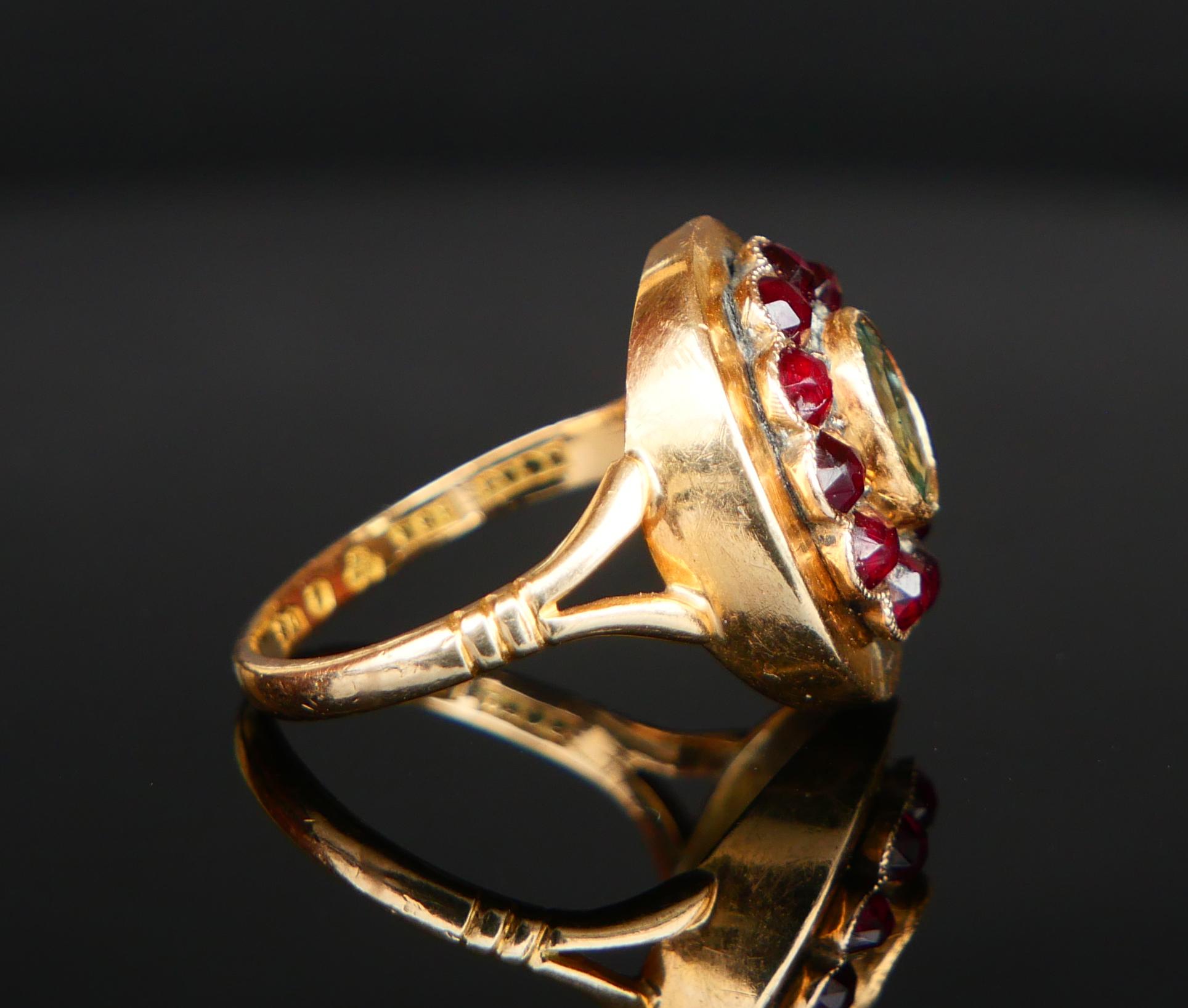 1946 Poison Ring natural 1ct Green Sapphire Garnets solid 18K Gold Ø US6.5 / 5gr For Sale 13