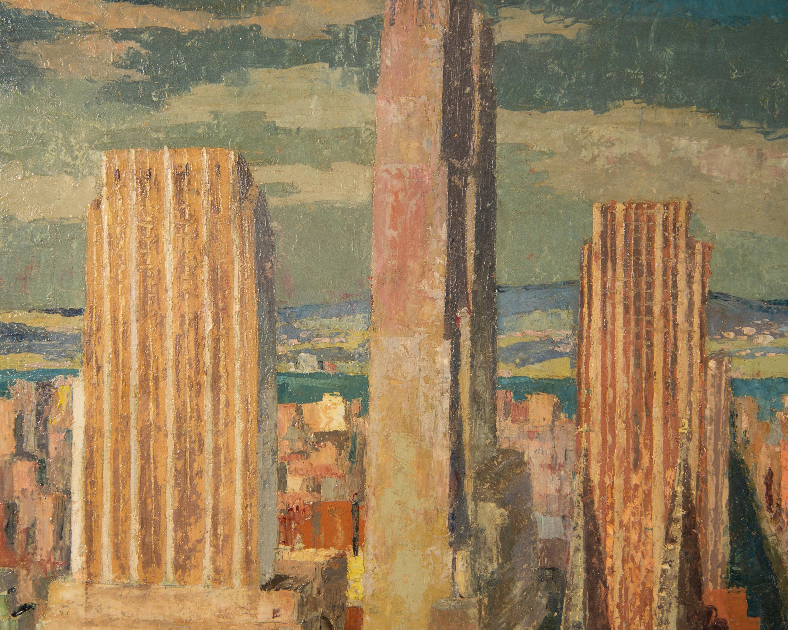 Modern 1946 Signed Oil on Board Painting of New York City by Harbers