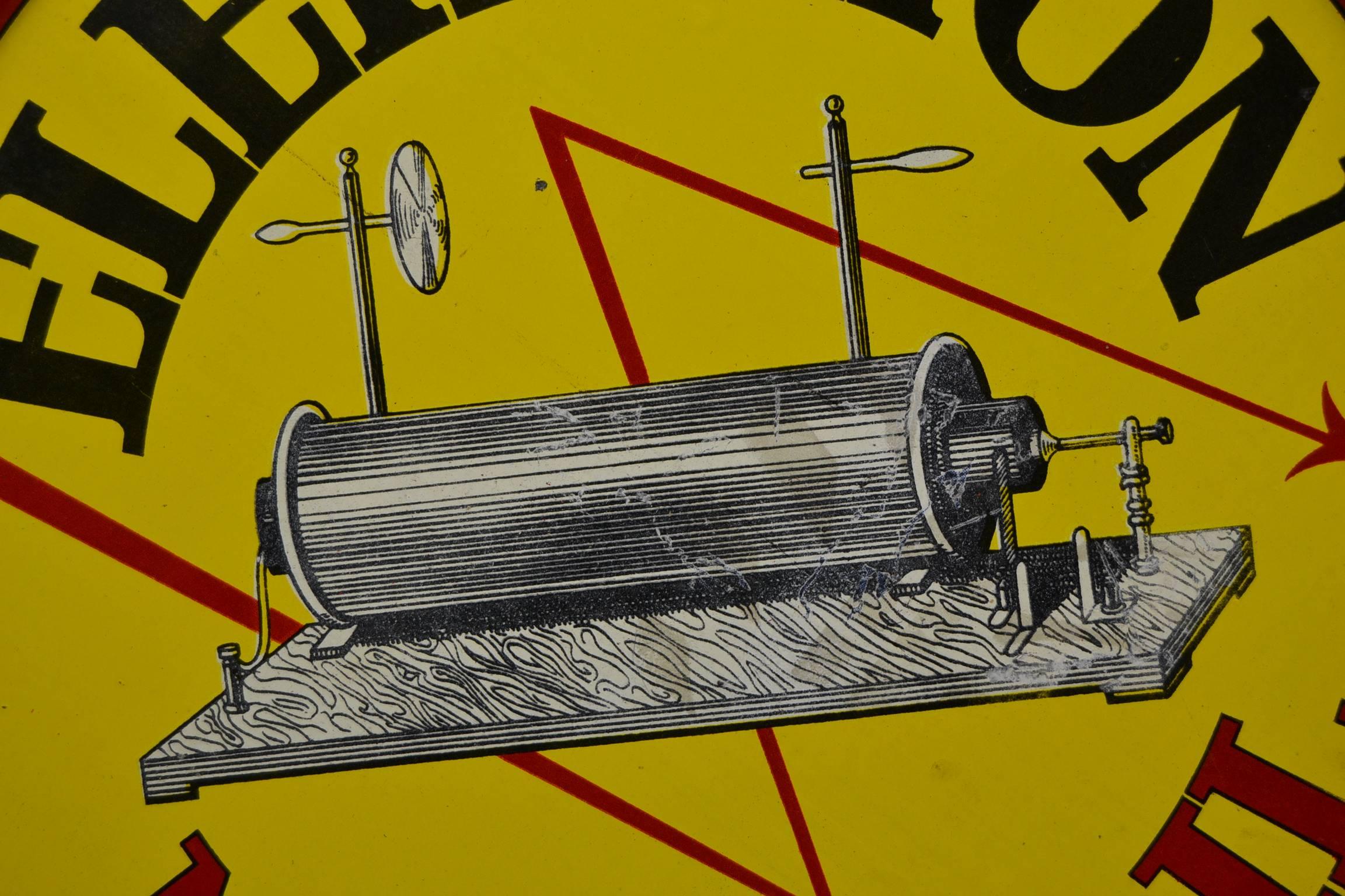 Vintage Lithografic Advertising Sign in Metal for Elektrion Motor Oil  from 1946.
Made by Ets. J.B. Gabriels - Bruxelles (Belgium) - Tax Payée Brux 1/138/1946.
Round shape with the colours yellow, black and red. 

The Elektrion Factory  was founded