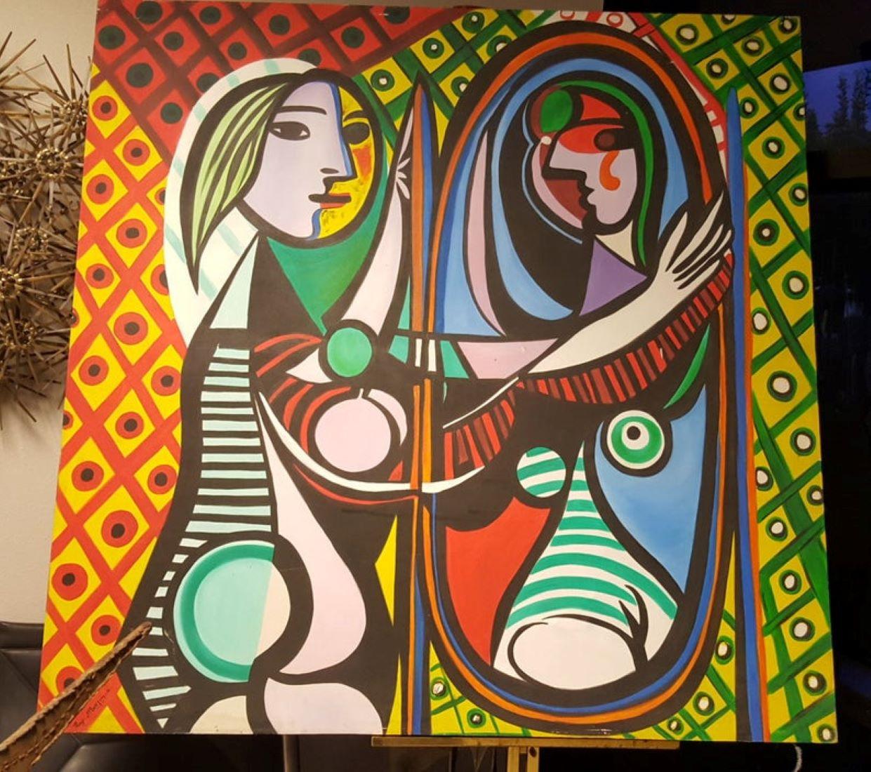 1946 Vintage Ray Martinez oil on canvas rendering of the girl before a mirror.

1946 oil on canvas rendering by artist Ray Martinez during Picasso's cubism period. The canvas is titled in spanish and dated 1946 on back of canvas with artist's