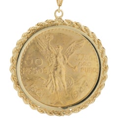 1947 50 Mexican Peso Coin on 14 Karat Yellow Gold Bezel and Rope Chain