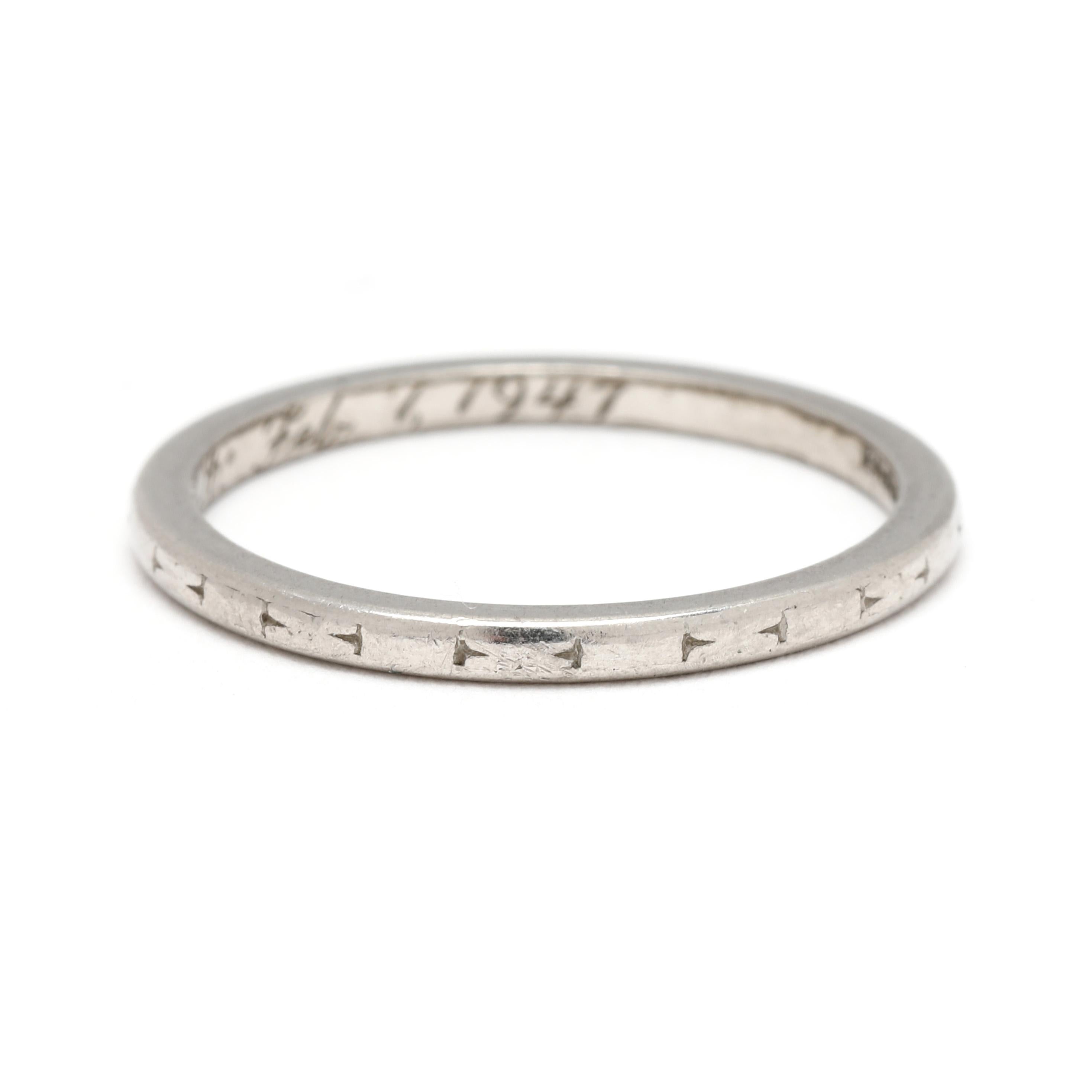 Art Deco 1940s Engraved Wedding Band, Platinum, Ring Size 5.5, Stackable For Sale