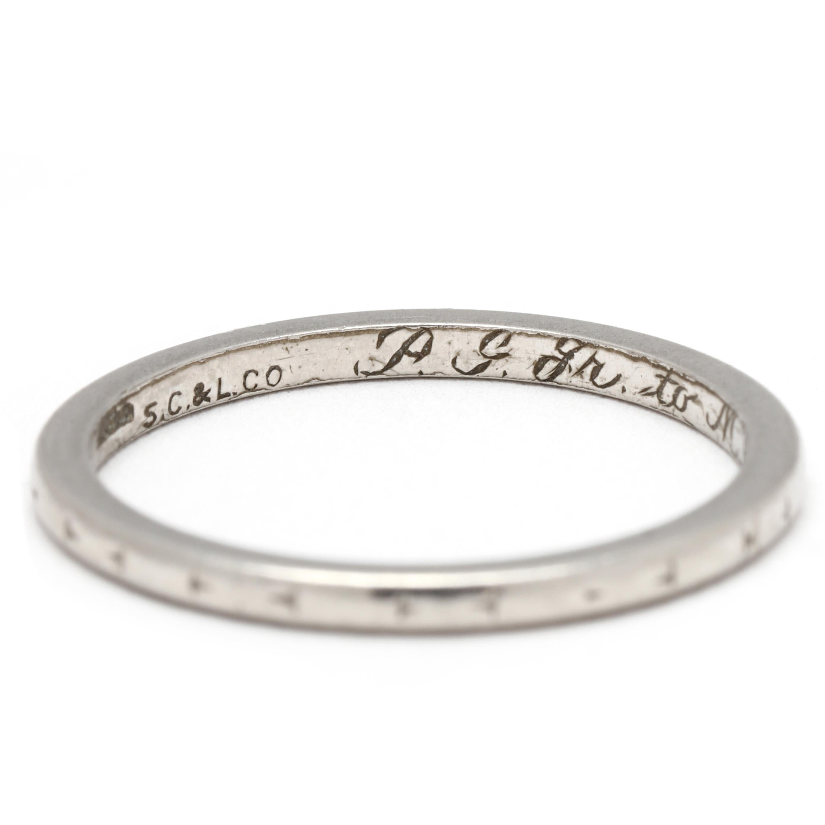 1940s Engraved Wedding Band, Platinum, Ring Size 5.5, Stackable In Good Condition For Sale In McLeansville, NC