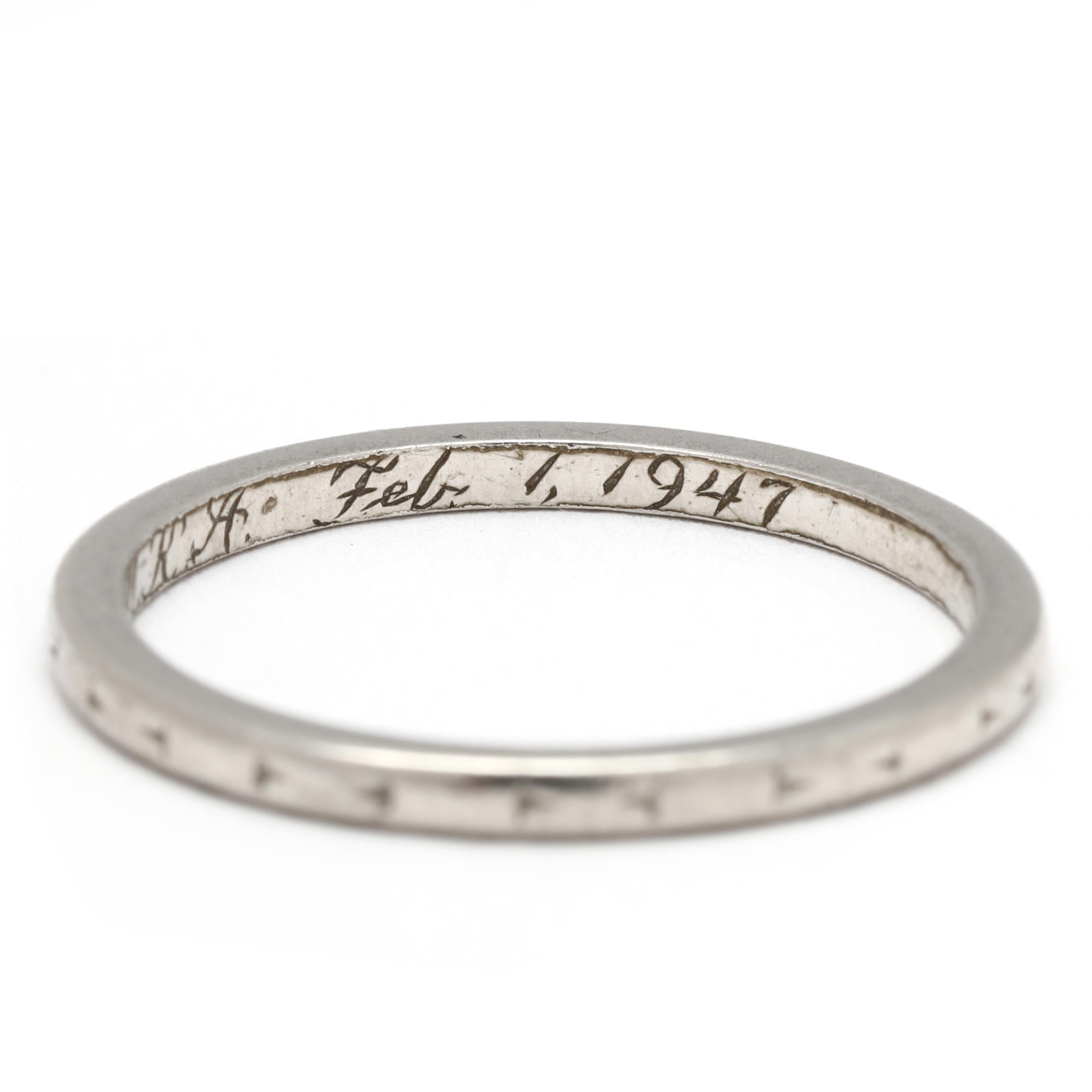 1940s Engraved Wedding Band, Platinum, Ring Size 5.5, Stackable For Sale 1