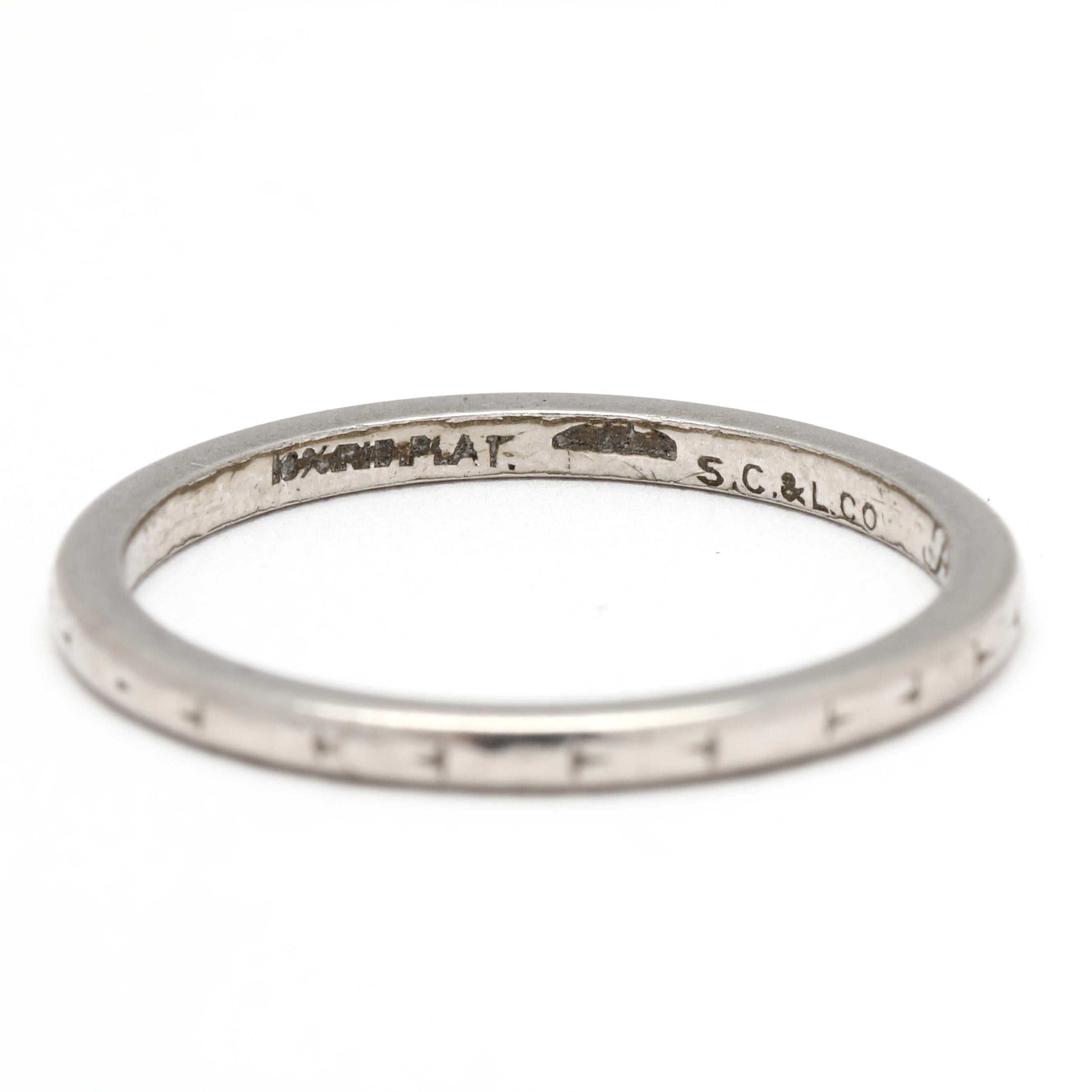 1940s Engraved Wedding Band, Platinum, Ring Size 5.5, Stackable For Sale 2