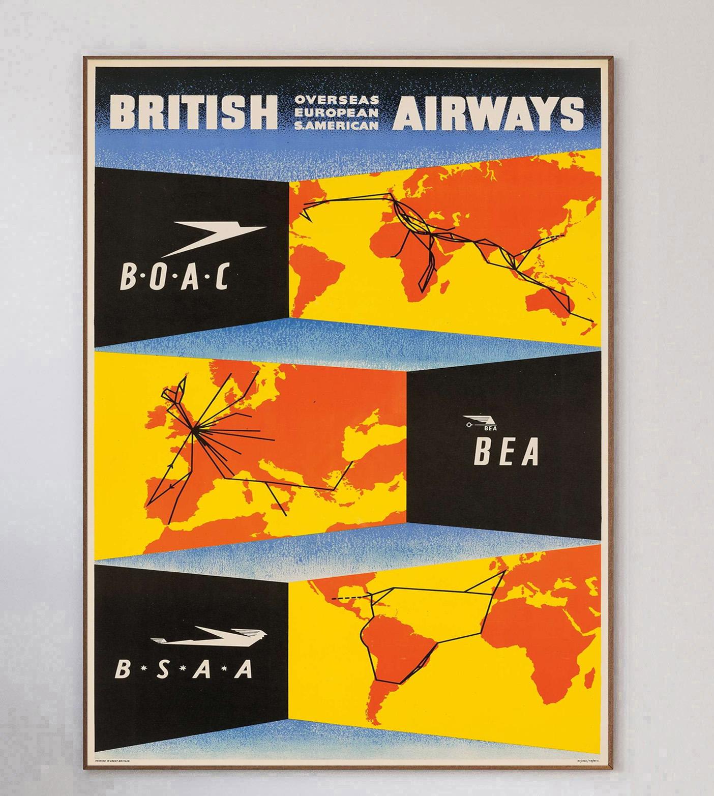 Una splendida meraviglia di metà secolo per British Airways. Creato nel 1947, questo pezzo pubblicizza la British Overseas Airways Corporation, la British European Airways e la British South American Airways. Questo splendido design dai colori