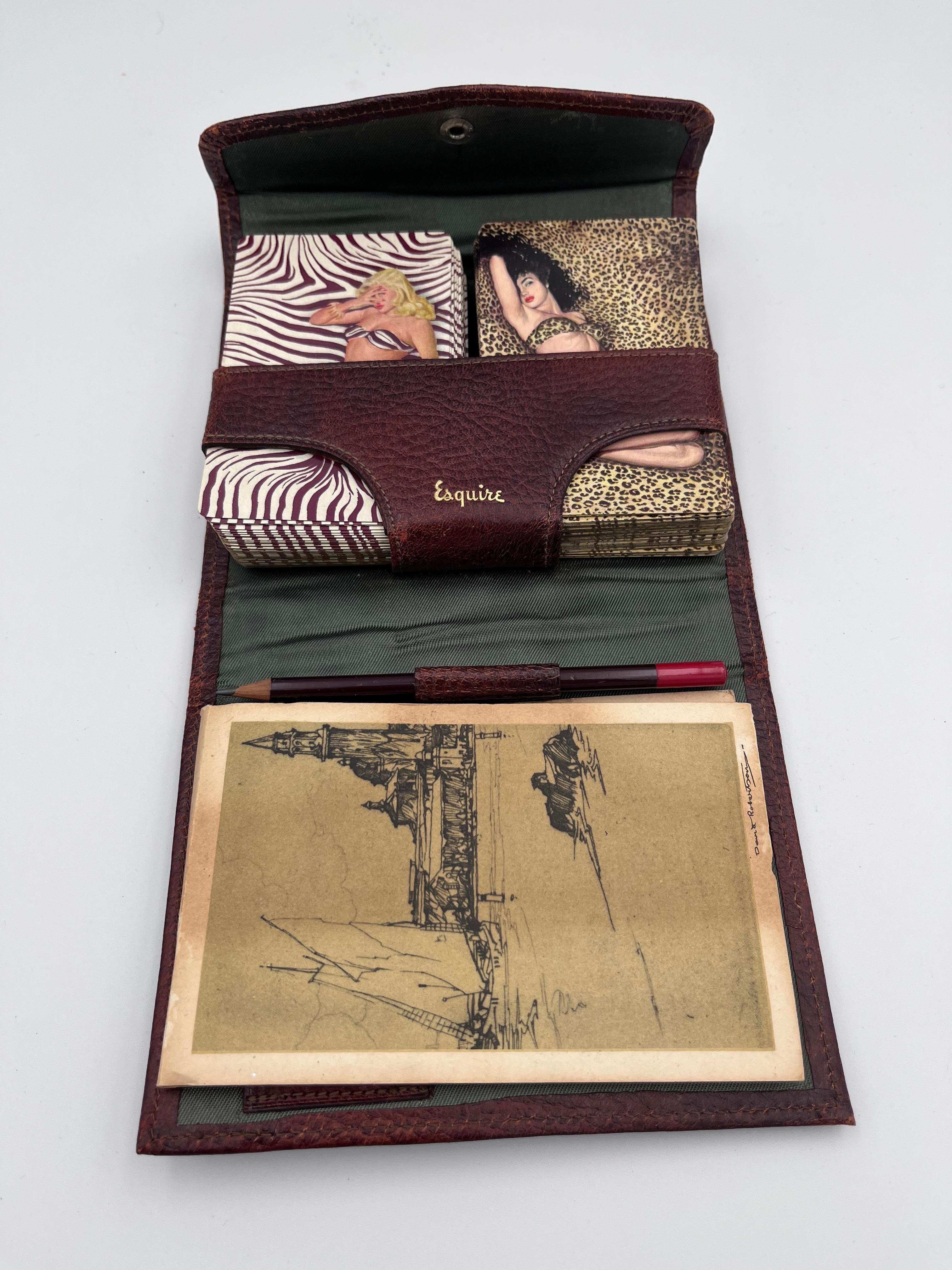 1947 Esquire Pin Up Zebra Cheetah Bridge Jeu de cartes de poker dans un étui en cuir en vente 5