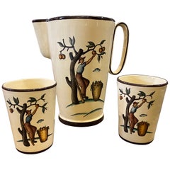 1947 Hand Painted Ceramic Sicilian Jug and Two Glasses Designed by Giò Ponti