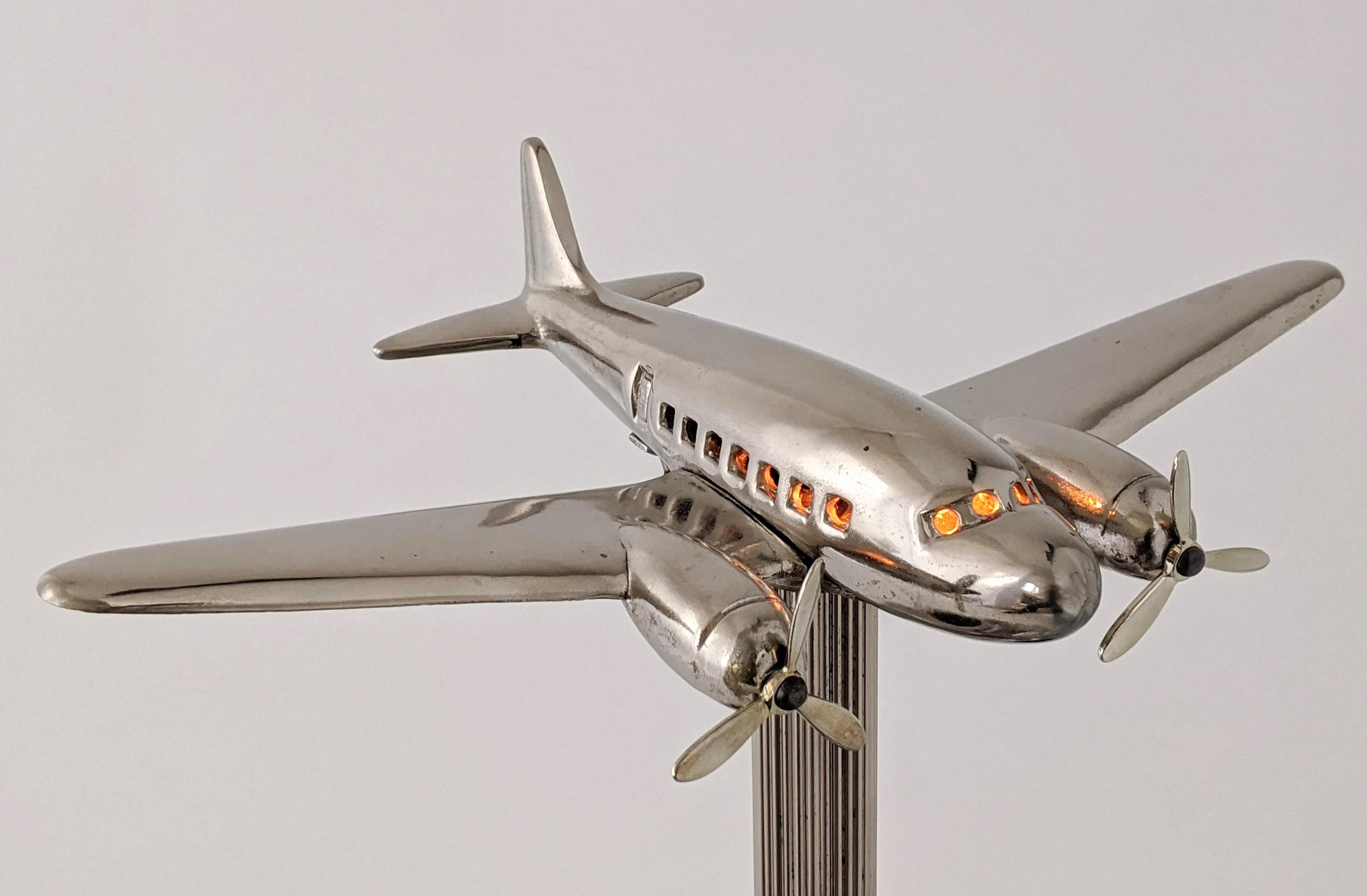 Chrome 1947 Lighted DC 3 Airplane Floor Ashtray 1st Edition, Metalcraft Mfg