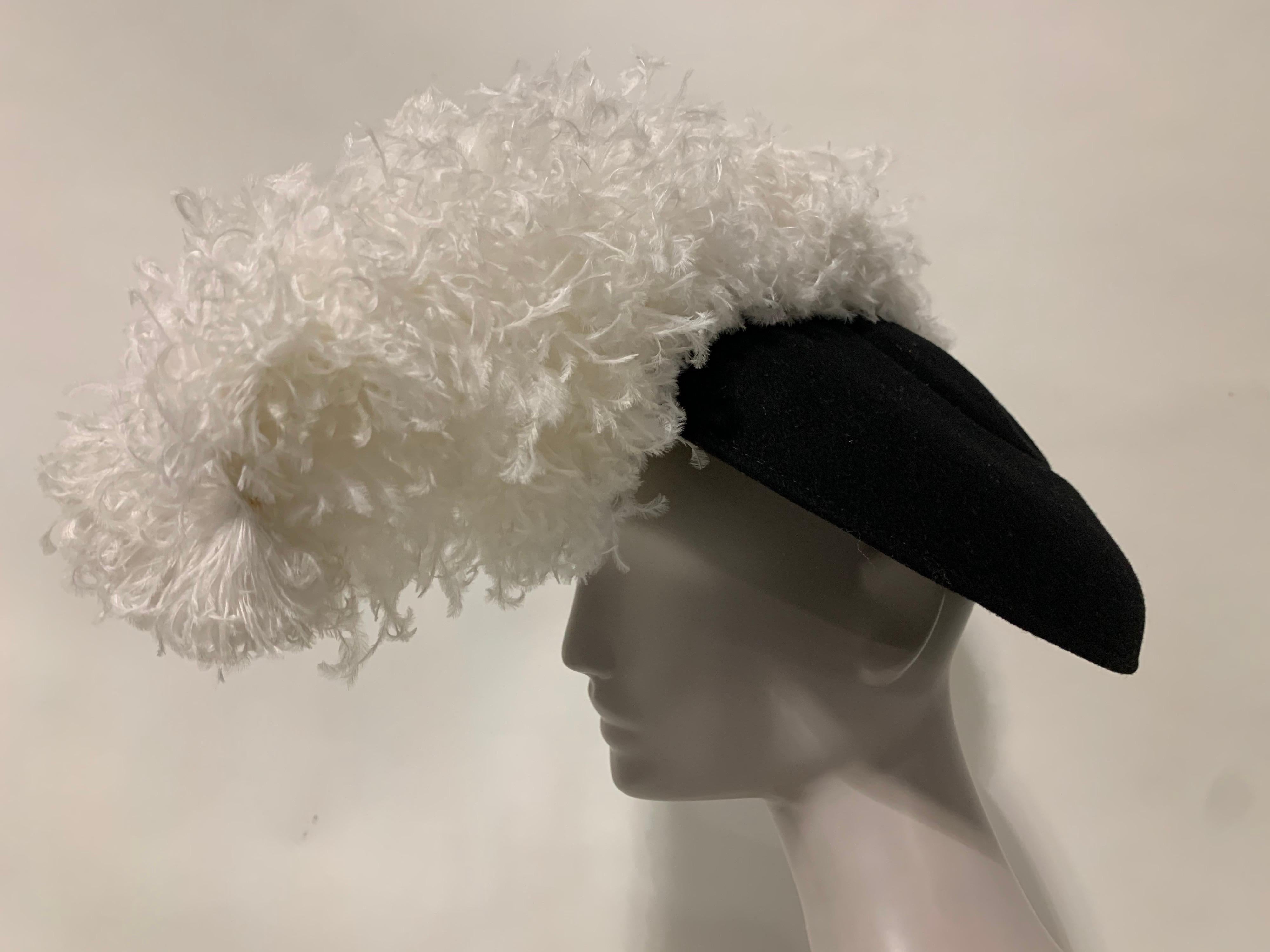 Women's 1947 Maud et Nano Spectacular Black Felt Platter Hat w/ Lavish Ostrich Plume For Sale