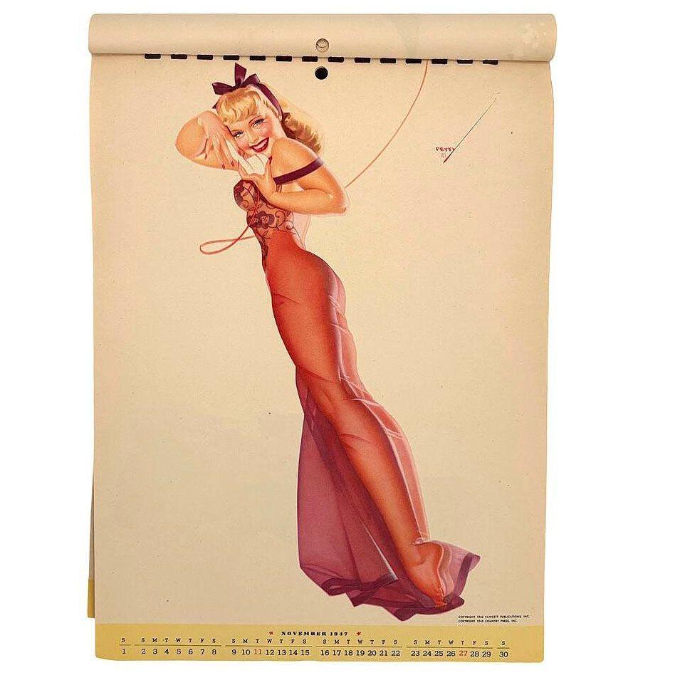 This rare 1947 George Petty pin-up calendar is a timeless collector’s gem, showcasing the iconic artist's playful and glamorous illustrations. Featuring vibrant, full-color depictions of classic pin-up beauties, it perfectly embodies the post-war