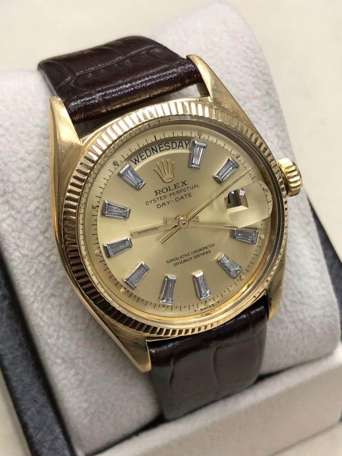 Original polish 

Original Diamond Dial 

Style Number: 6611

Serial: 474***

Year: 1959

Model: Day Date President 

Case Material: 18K Yellow Gold

Band: Custom Leather

Bezel: 18K Yellow Gold

Dial: Original Diamond Dial 

Face: Acrylic 

Case