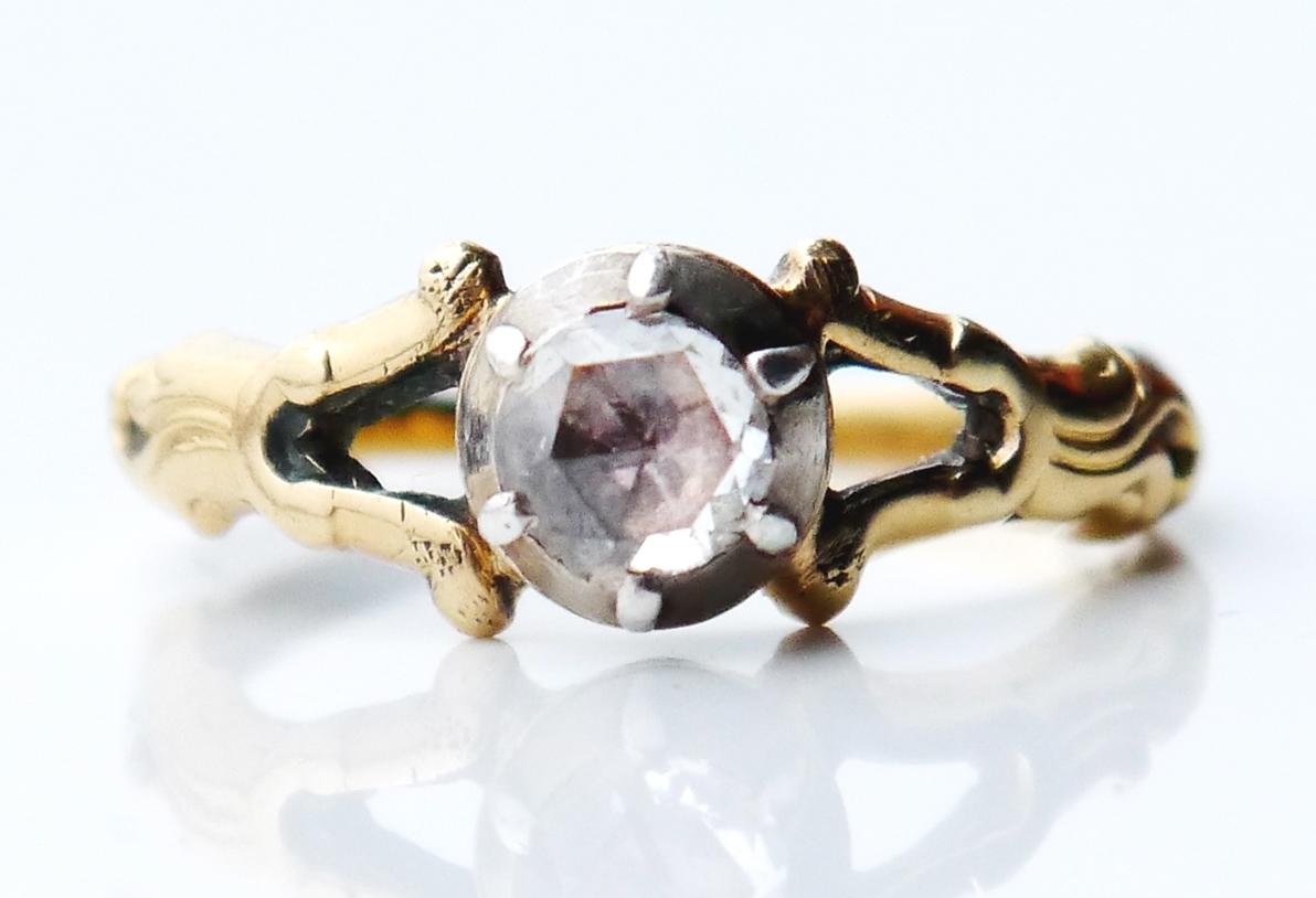 A New Renaissance styled ring :  Gold, Silver and Diamond of rose cut. Nice carved shoulders. Diamond is white, measures Ø 5.25 mm / ca.0.6 ct ,with back side closed and foiled under.

Swedish standard hallmarks, maker is GD &Co , city of Malmö,
