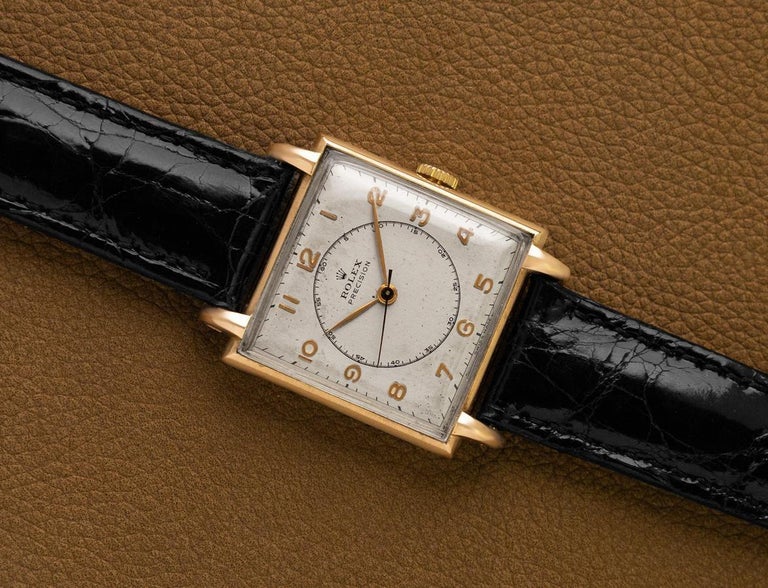 1947 Rolex Precision Vintage Mens Claw Lugs Square Dress Watch, 14K Rose Gold SS For Sale at 1stDibs 1947 Rolex Precision Vintage Mens Claw Lugs Square Dress Watch, 14K Rose Gold SS For Sale at 1stDibs