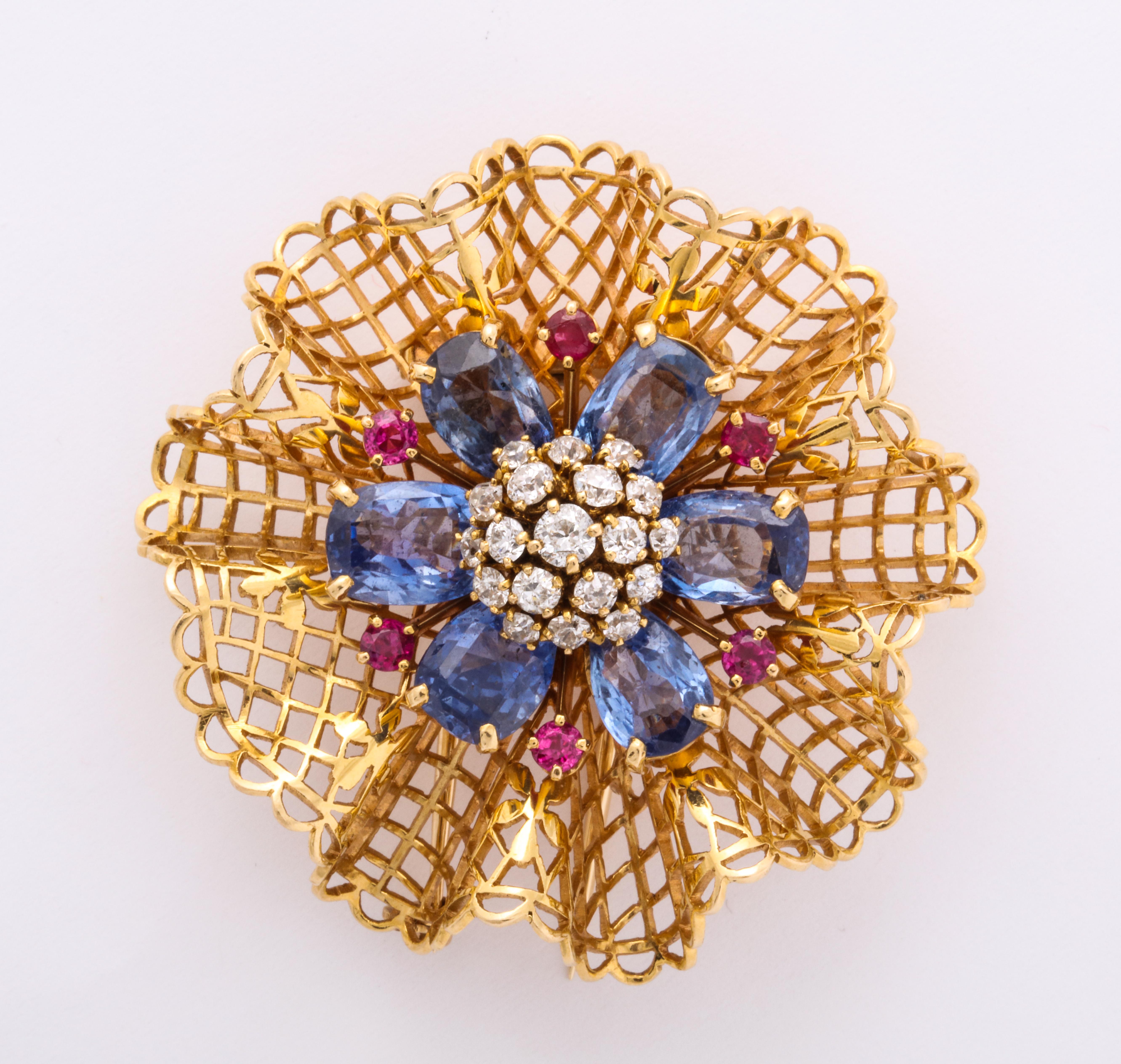 1947 Van Cleef & Arpels Lace Bouquet Sapphire Diamond Ruby Gold Brooch 1