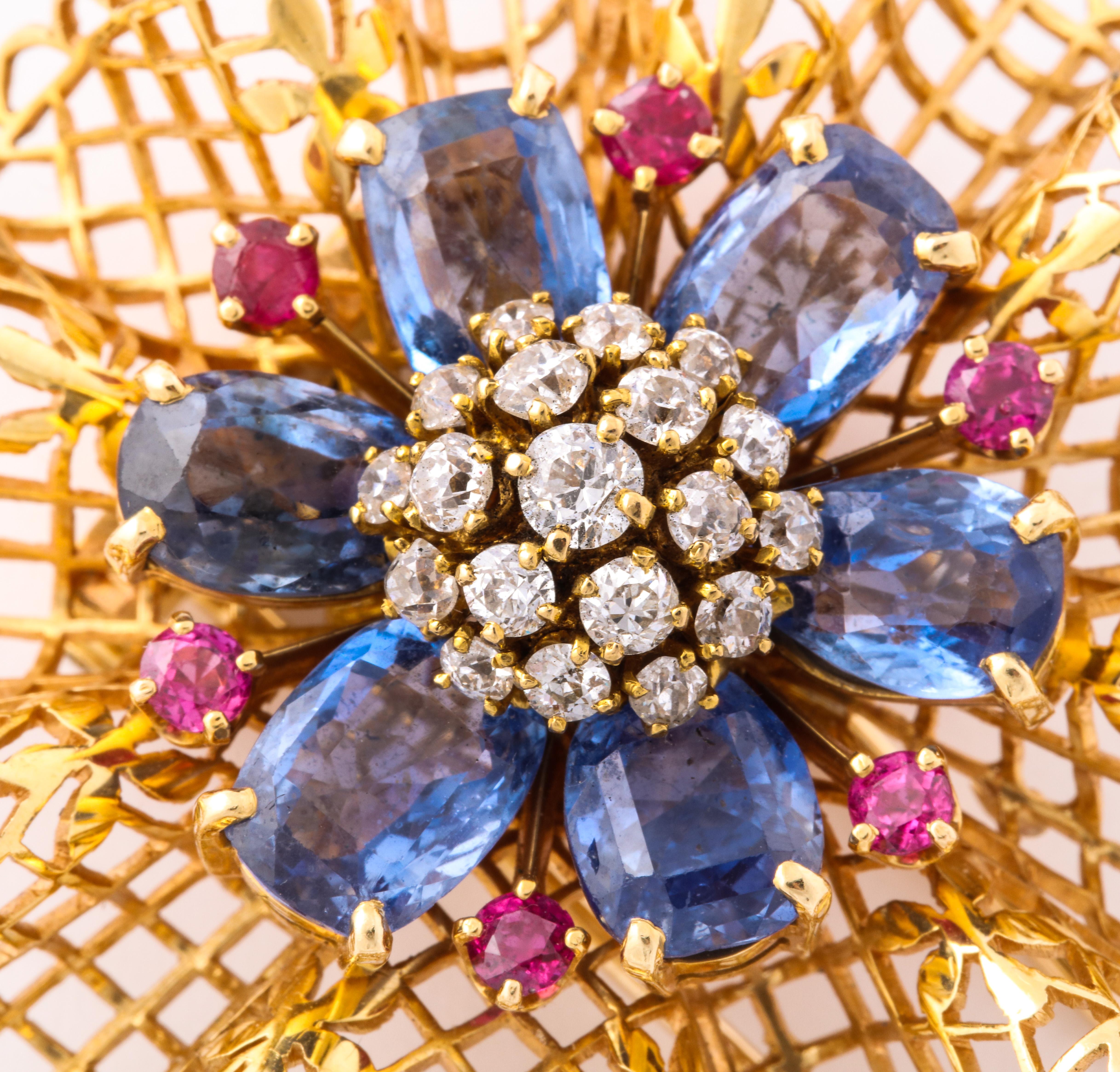 1947 Van Cleef & Arpels Lace Bouquet Sapphire Diamond Ruby Gold Brooch 2
