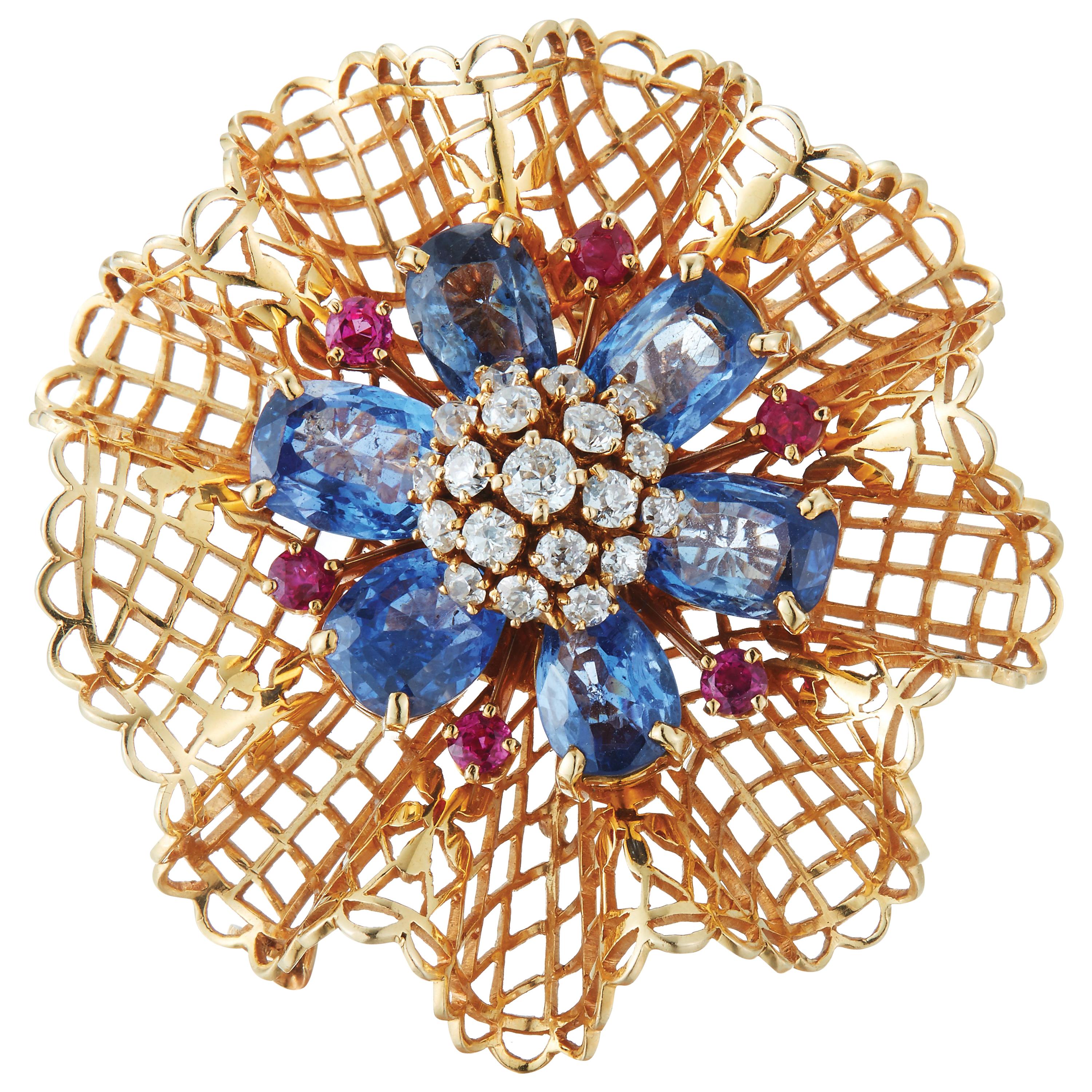 1947 Van Cleef & Arpels Lace Bouquet Sapphire Diamond Ruby Gold Brooch