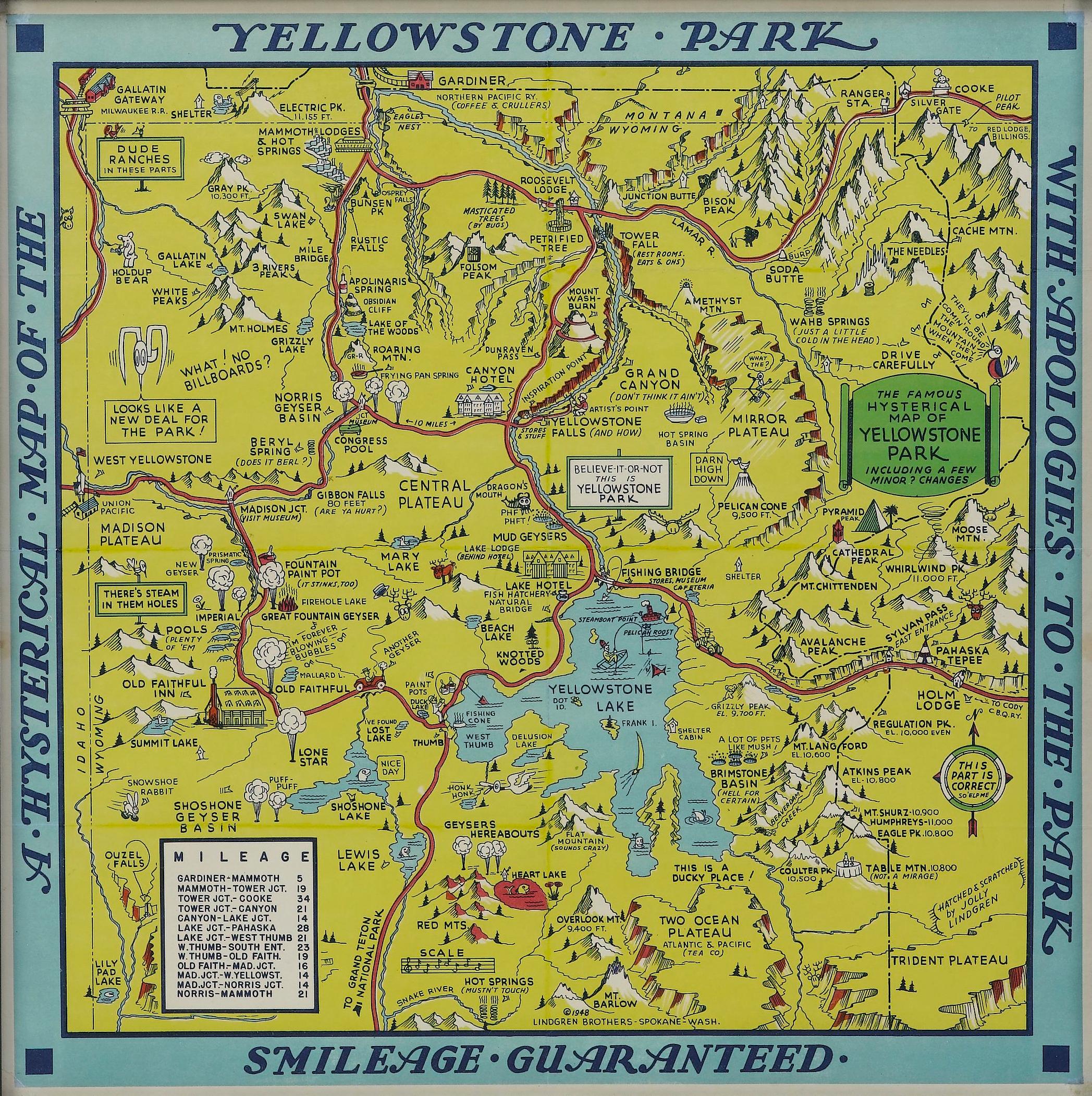 Presented is a second edition printing of Jolly Lindgren’s “Hysterical Map of Yellowstone National Park.” This comical pictorial map highlights the famous Yellowstone National Park. The map is labeled with geysers, mountains, lakes, and roads, but