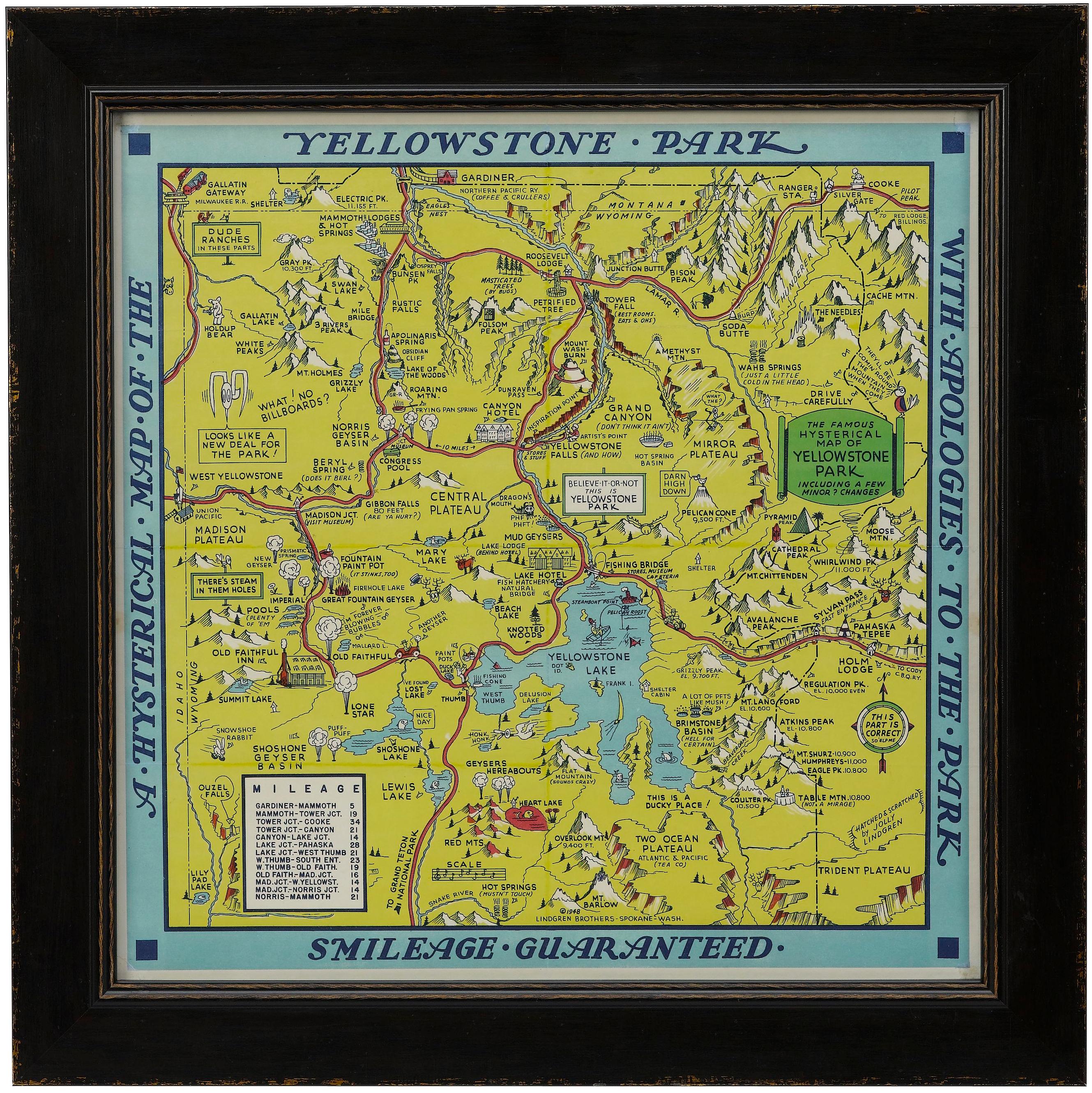 1948 „A Hysterical Map of Yellowstone National Park“ von Jolly Lindgren, 2. Auflage. (amerikanisch) im Angebot