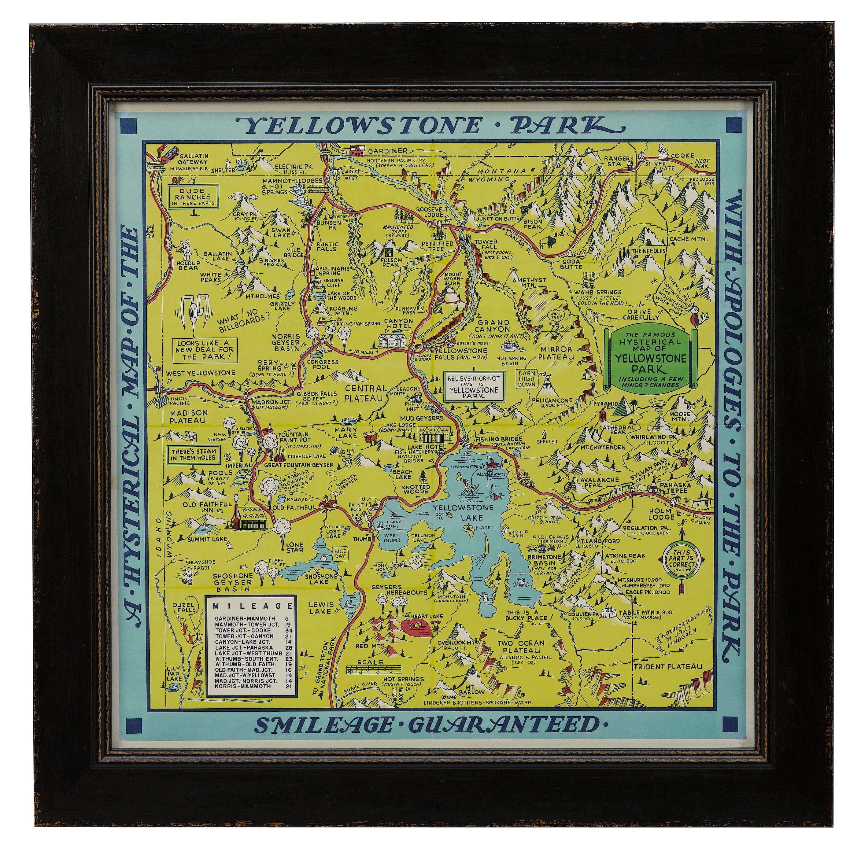 1948 „A Hysterical Map of Yellowstone National Park“ von Jolly Lindgren, 2. Auflage. im Zustand „Gut“ im Angebot in Colorado Springs, CO