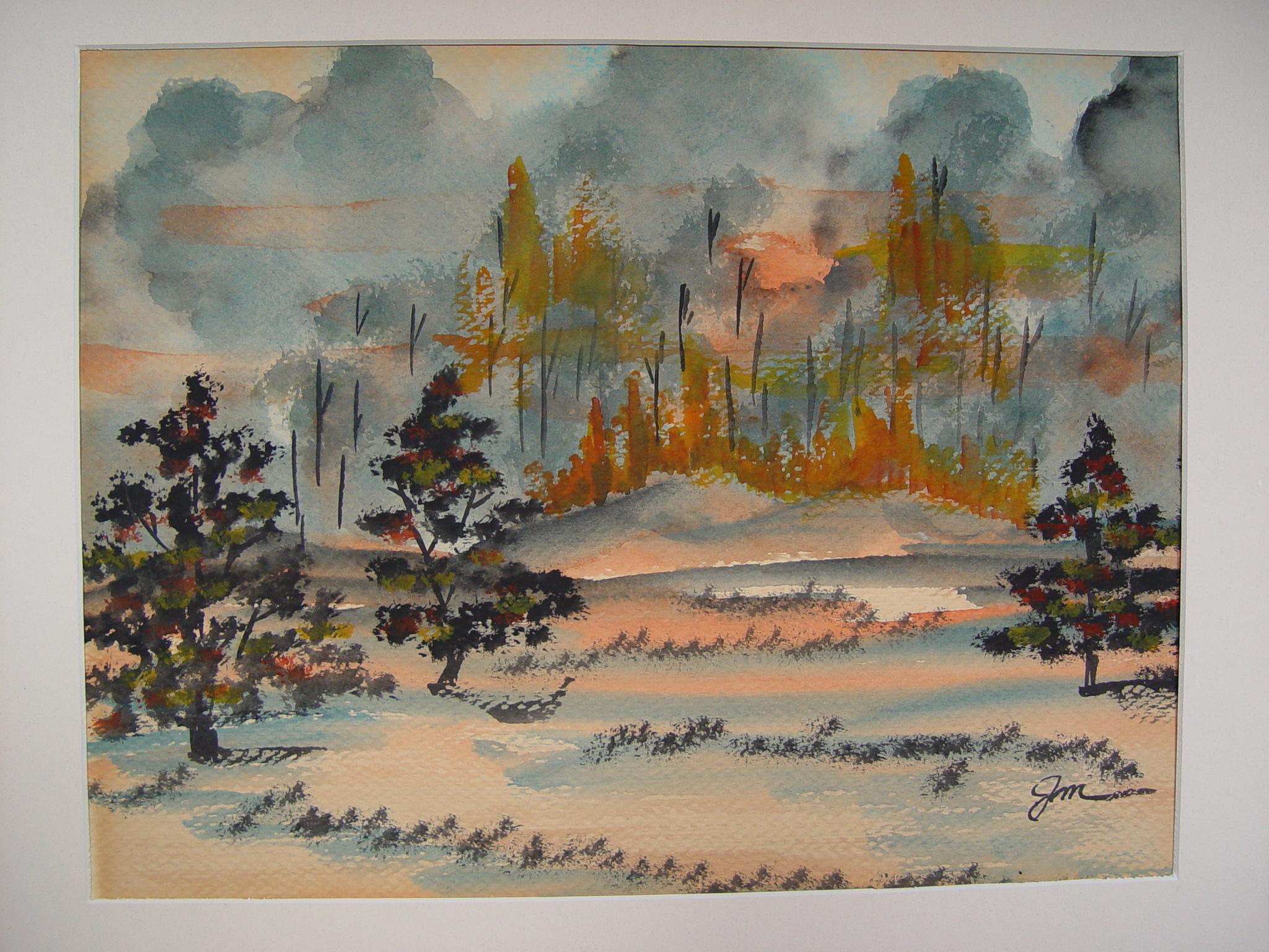 American 1948 Cheyenne Mountain Forest Fire Watercolor Painting For Sale